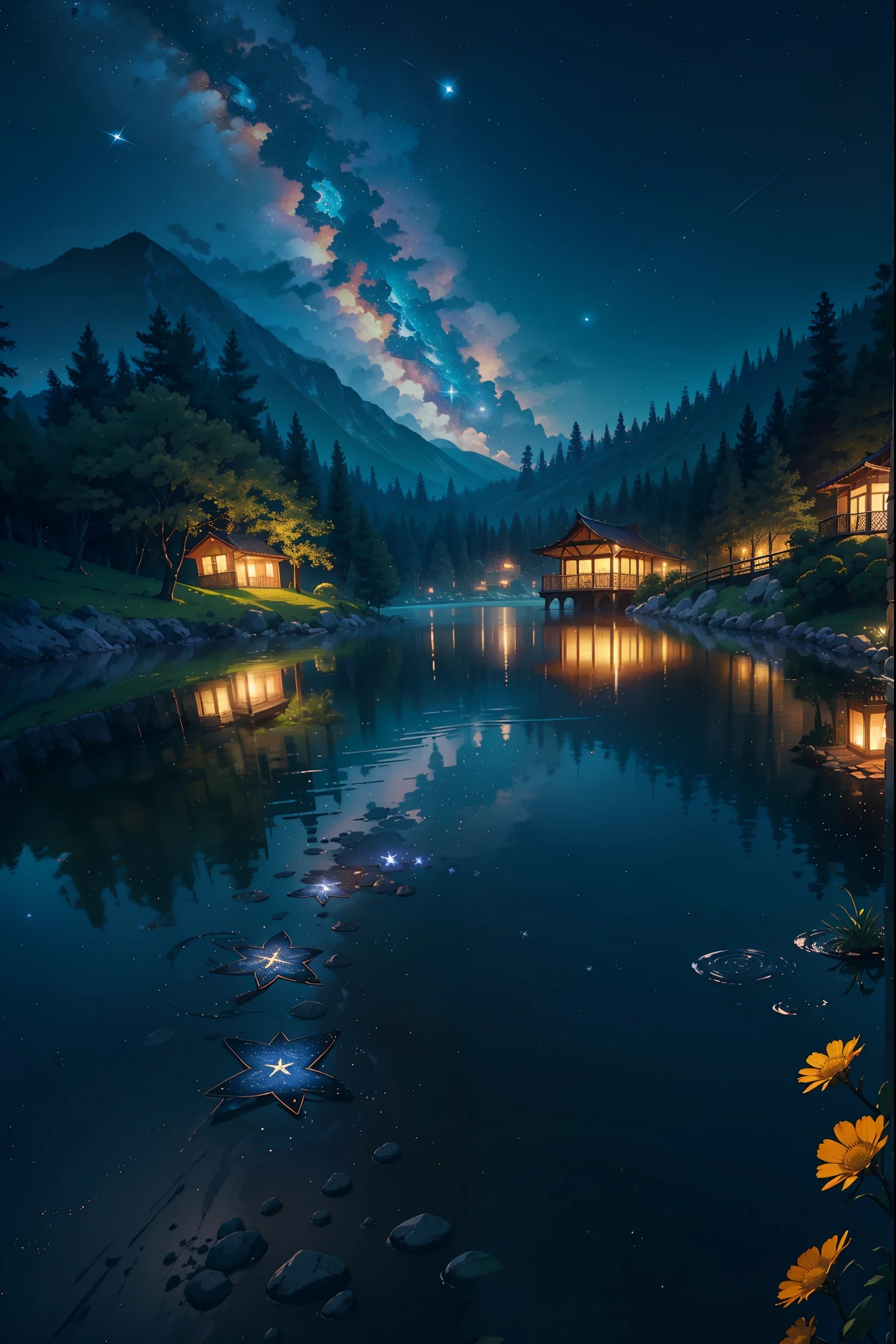 master part, gorgeous, Landscape, (((DDIM_HumaDDIMs))), Noite, flor, Jardim, Starry sky, constellations, atordoante, vista, water, quente, aconchegante, peaceful, Meteoro, cosmico, Magic, magia, particuls, Justo, ((Pirilampos))