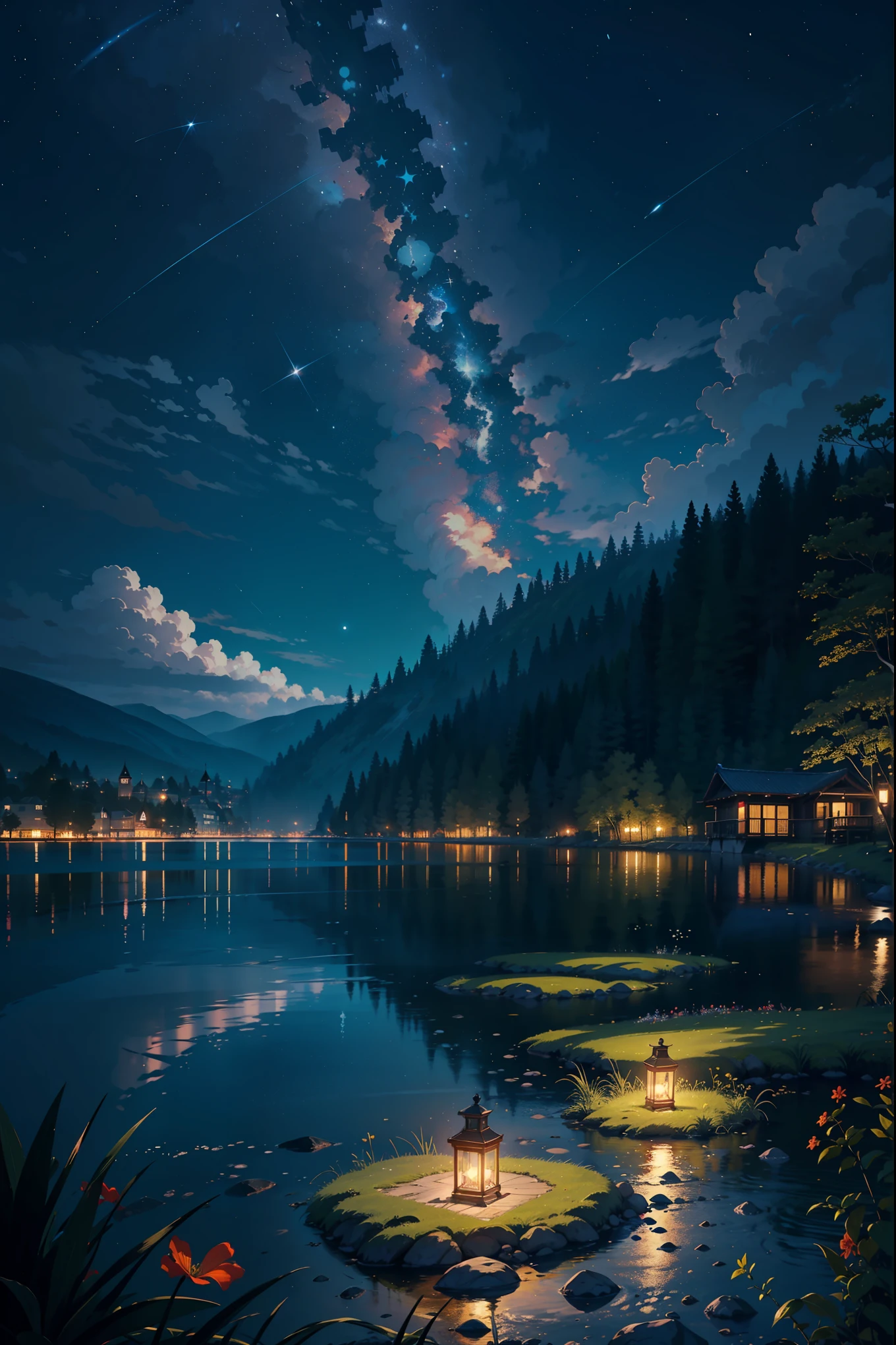 master part, gorgeous, Landscape, (((DDIM_HumaDDIMs))), Noite, flor, Jardim, Starry sky, constellations, atordoante, vista, water, quente, aconchegante, peaceful, Meteoro, cosmico, Magic, magia, particuls, Justo, ((Pirilampos))
