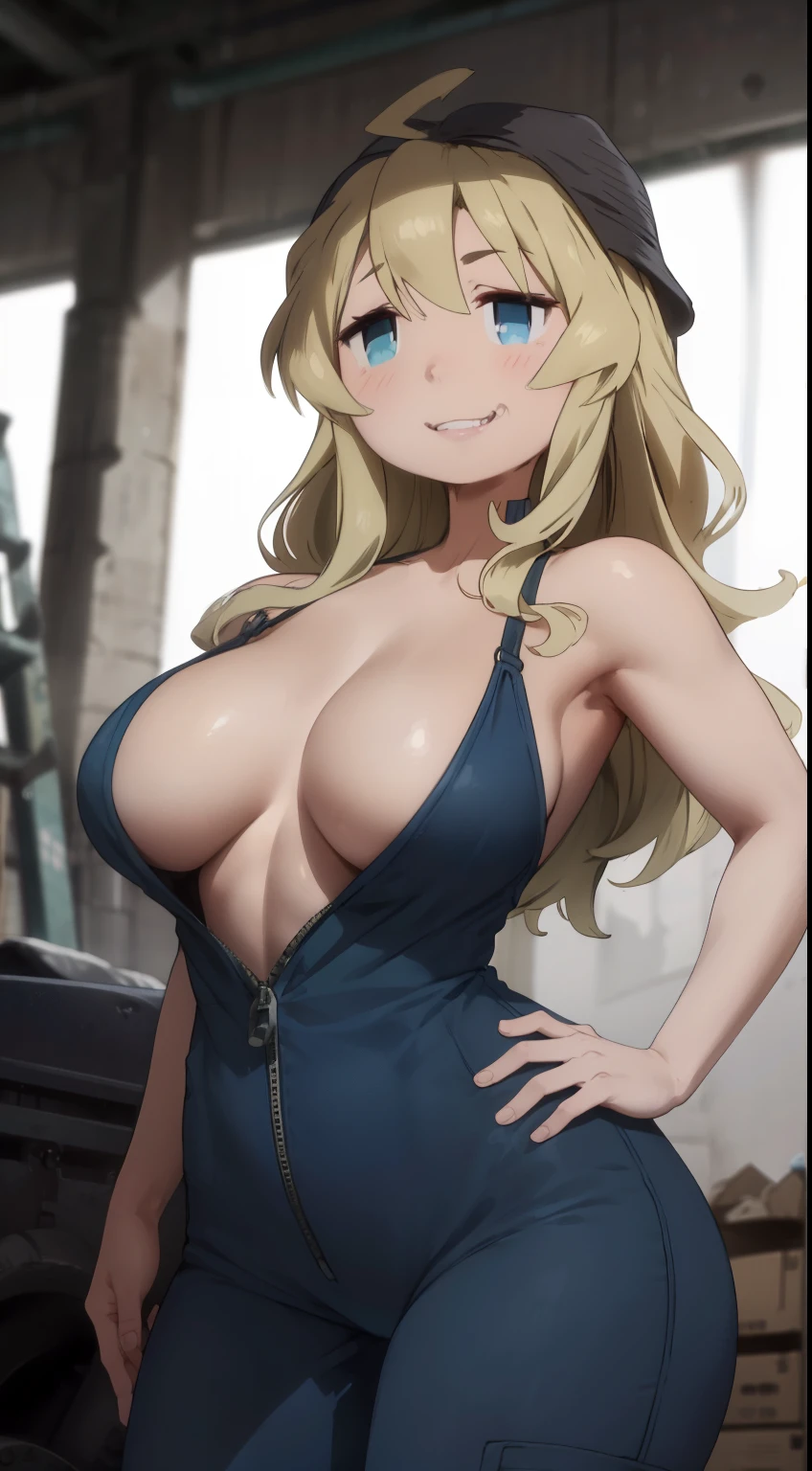 masterpiece, highest quality, best quality, official art, beautiful and aesthetic: 1.2), (1girl), extremely detailed, colorful, highest detailed, perfect face, upper body, HDR, (prayer: 1.3), bright colors, yuuri, garage,  mechanic, standing, breast focus, breasts, large breasts, bare breasts, naked, nude, boob window, sexy, wide hips, thicc figure, Detailed blue eyes, Detailed face, Detailed eyes, perfect face, perfect eyes, wearing blue jumpsuit, jumpsuit, blue jumpsuit, breast window, naked breasts, smug, smug grin, smug expression, fangs