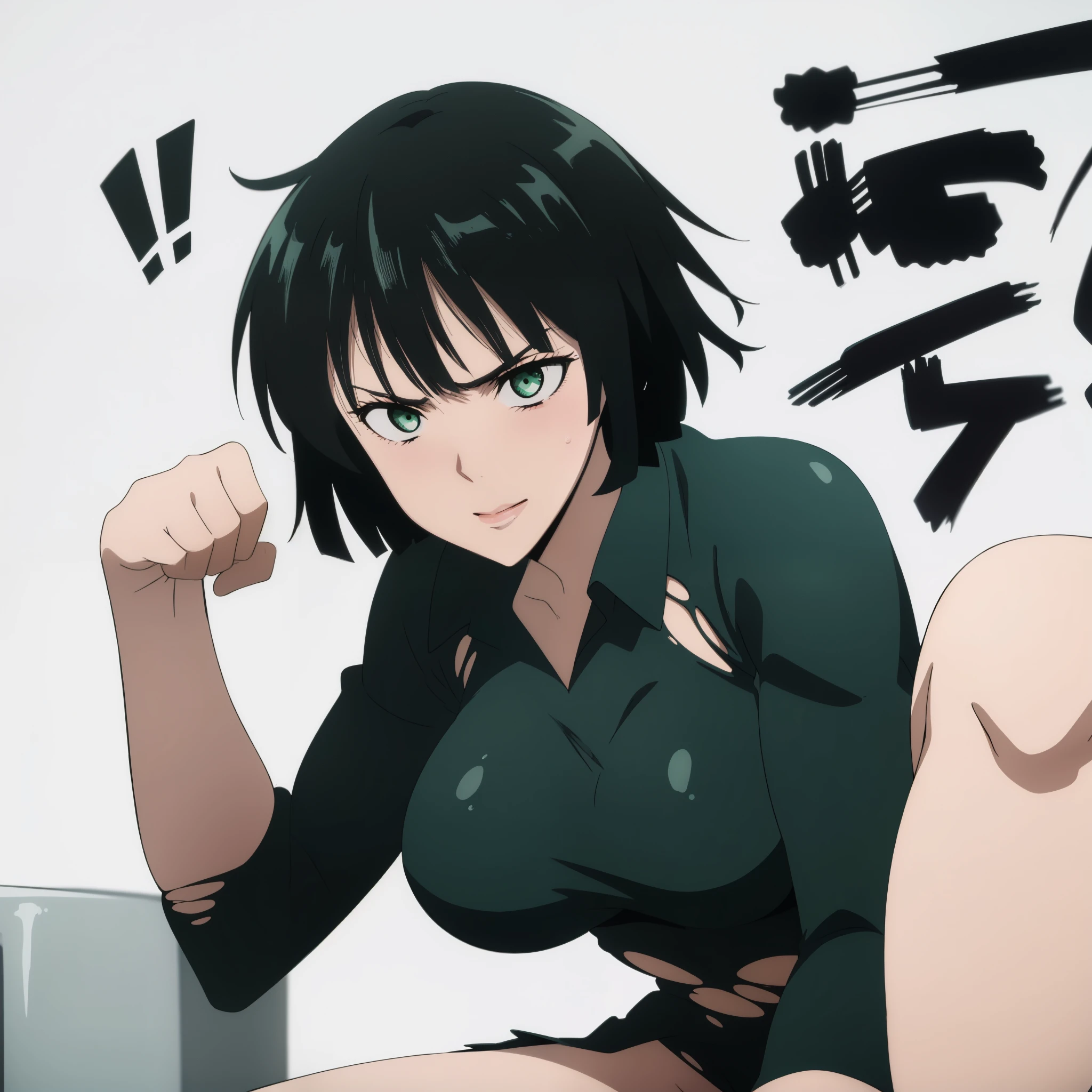 арт-стиль One Punch Man, Art style of Yusuke Murata,((absolutely white background)),Fubuki from one punch man, Green eyes, short dark green hair,((blush:1.3)),(embarrassed),( in a black bodysuit),adult girl, looks away with an angry look, Sitting, mature face, blushing, happy expression, dynamic pose, big breasts, big hips, full body view, big body, Fat body,(very tight clothes are completely torn) ,((torn clothes)),((максимально рваная Naked одежда:1.3)),((Naked:1.3)),genitals, (The whole character) , close 