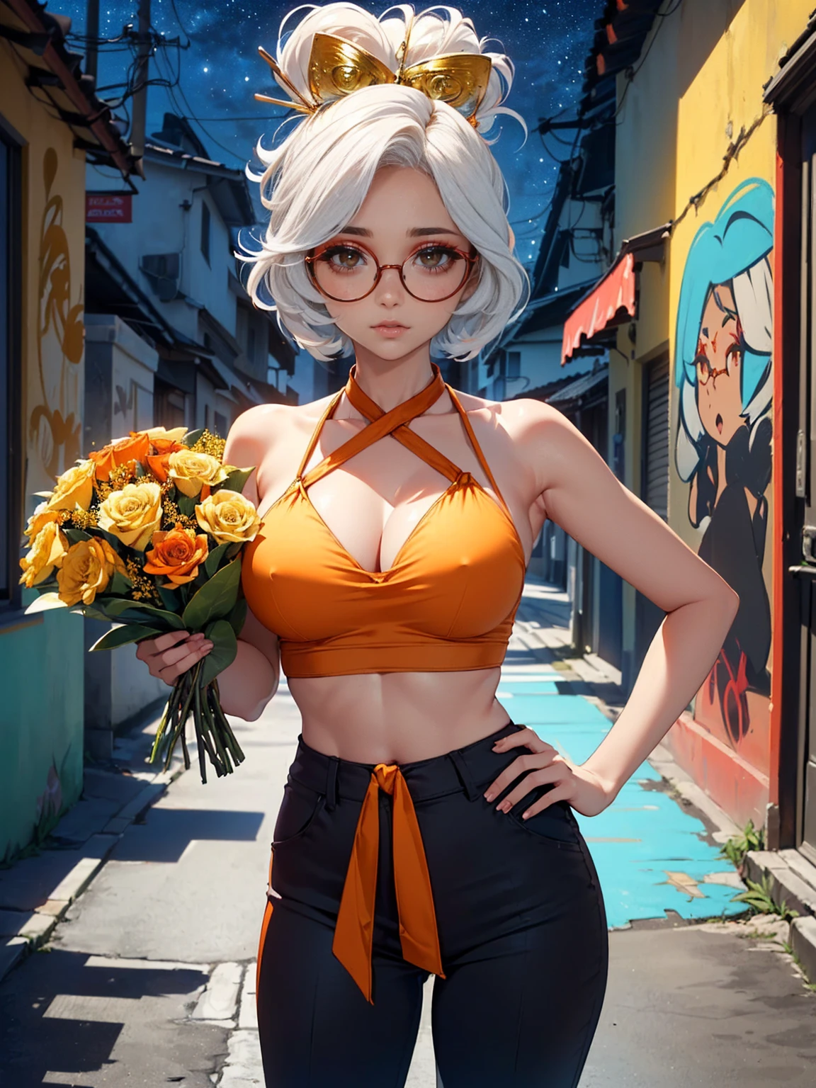 ((back, Masterpiece, Best Quality, Purah, White Hair, Red Eyes, Red Headband, Hair Ornament, Hair Sticks, Red Glasses, Hands on Hips, Smug)), ((pink lipstick, Extremely detailed, ambient soft lighting, 4k, perfect eyes, a perfect face, perfect lighting, a 1girl)) austere, ((malicious,  jade earrings, gold jewelry, female orange blazer, black pantalona tailoring pants, white satin halter top)), night sky, clouds, , lots of , (graffiti alley, graffiti walls, in an alley, night, moonlight, starry night)