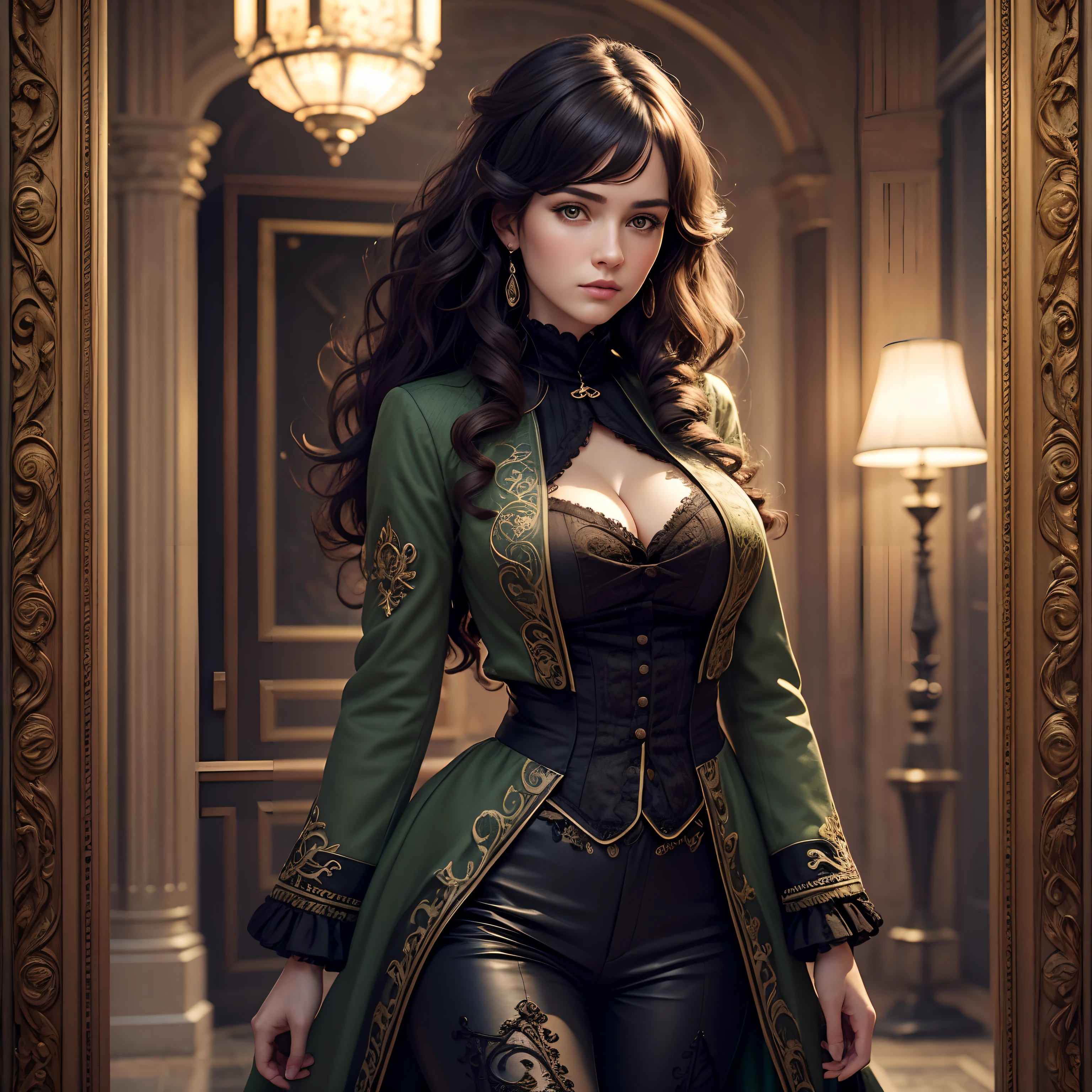 Model Colorful Sexy Lady ((solo)) with black curly hair , with a face and body like Jodie Gasson !Dressed in a dark green 19th-century gothic coat below the knees with very detailed embroidery in the form of swirls! and black pants ,It stands in front of the palace ,Her boots are visible , Front light , You can see a lot of patterns on the green coat and sleeves! All coats and sleeves are patterned !, portrait painting in the style of Karl Bryullov , Victor Vasnetsov , Anthony van Dijk , ....3d / photo realism / ,hight resolution,Masterpiece:1.2),Ultra-detailed,(Realistic,Photorealistic,photo-realistic:1.37),,An abundance of colors, Bright colors ,Highly detailed,soft-lighting,
