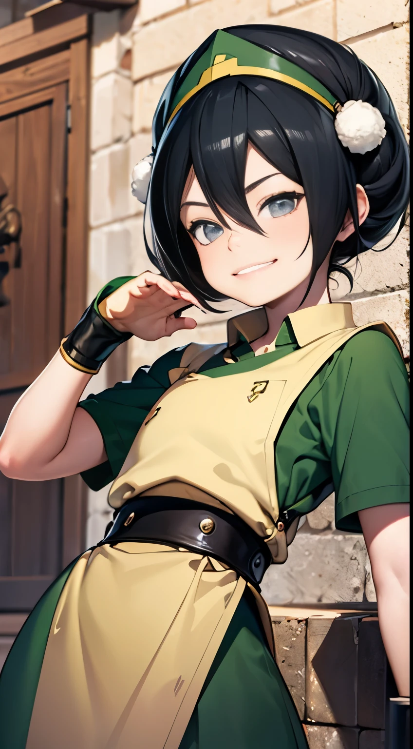 ultra realistic, 8  girl, short black hair, blind, toph beifong , smug smile , rocky plain , ultra detalhada, conbat pose 