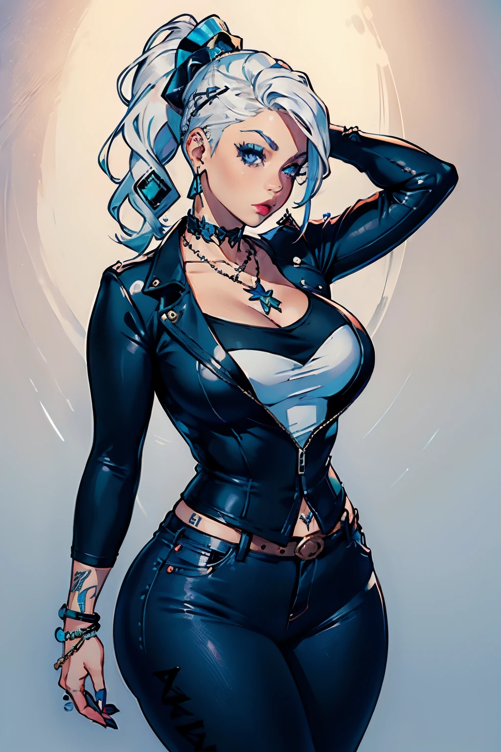 (1girl: 1.3), (Curvy: 1.35), (Solo: 1.4), (Jewelry: 1.2), (Hat: 1.1), (Realistic: 1.4), (Piercing: 1.2), (Earrings: 1.2), (Platinum hair: 1.1), (Necklace: 1.1), (Bandana: 1.1), (Blue eyes: 1.2), (Ear piercing: 1.1), (Ponytail: 1.1), (Tattoo: 1.2), (Makeup:
