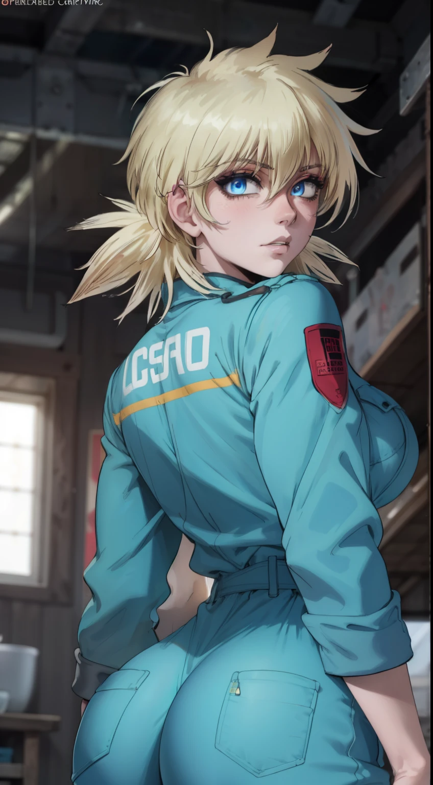 masterpiece, highest quality, best quality, official art, beautiful and aesthetic: 1.2), (1girl), extremely detailed, (fractal art: 1.3), colorful, highest detailed, perfect face, upper body, HDR, (prayer: 1.3), (dynamic stripes, luminous traces: 1.2), bright colors, seras, garage,  mechanic, standing, ass focus, breasts, large ass, bare ass, naked, nude, ass window, sexy, wide hips, thicc figure, Detailed blue eyes, Detailed face, Detailed eyes, perfect face, perfect eyes, wearing blue jumpsuit, jumpsuit, blue jumpsuit, looking back, looking at viewer 