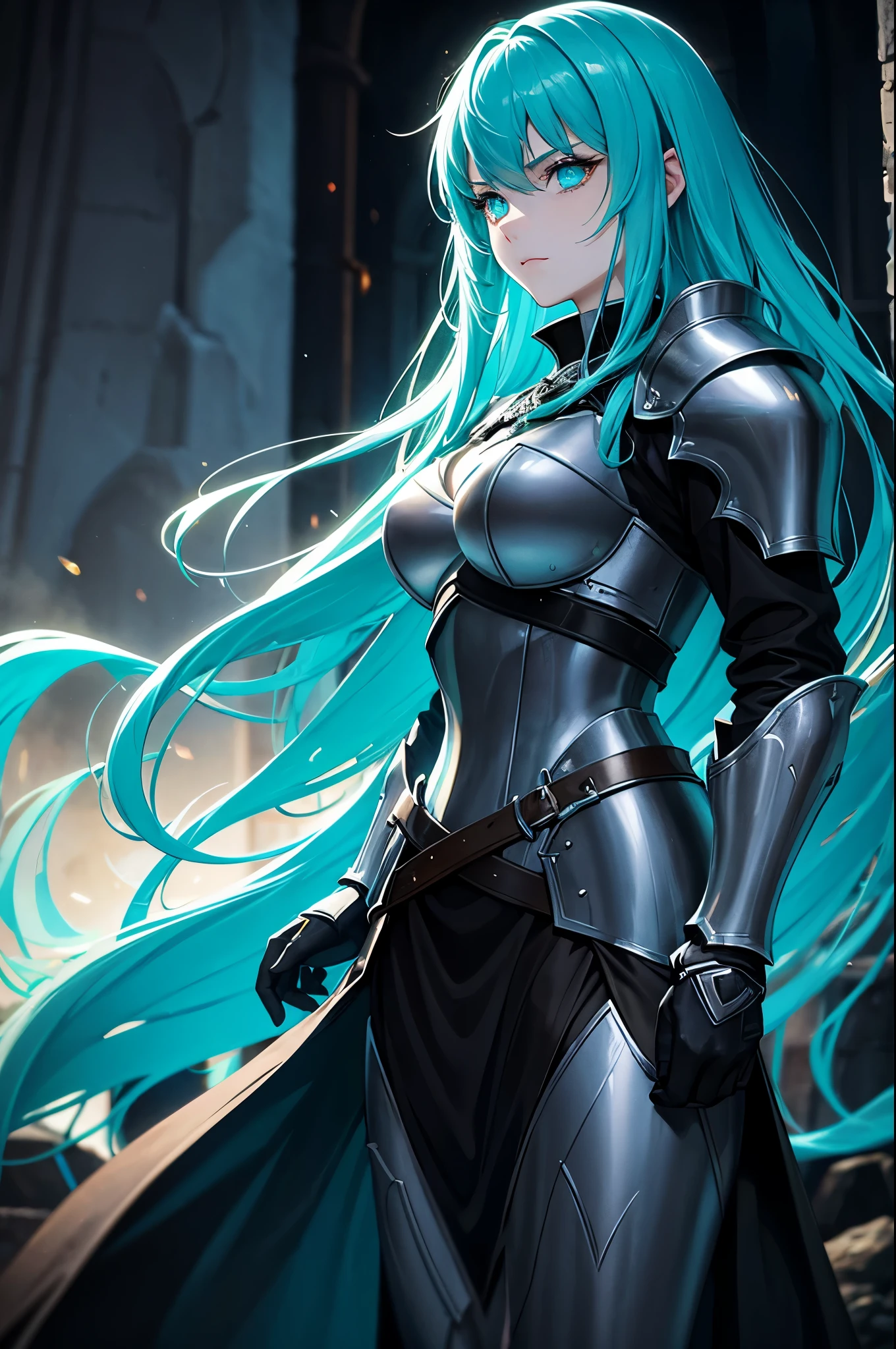 beautiful knight woman, turquoise hair, turquoise eyes, young adult, fantasy medieval armor, night scenario, pitch black scenario, dark dungeon scenario, darker scenario, bright flames, portrait, high contrast image, anime style
