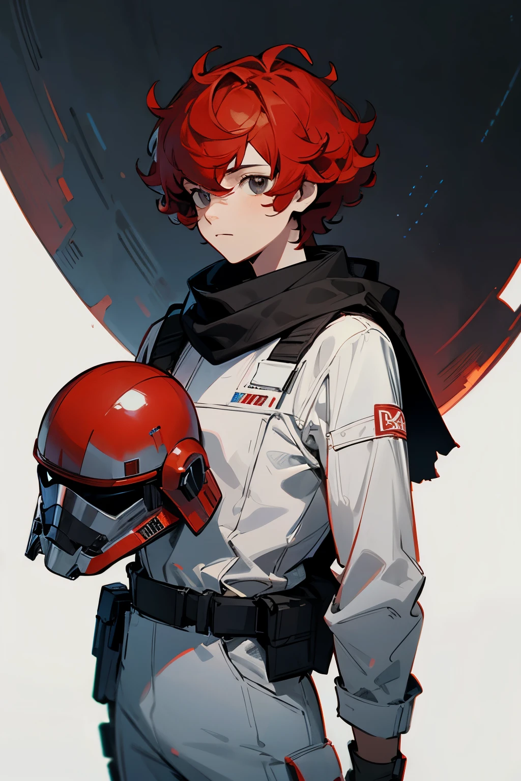 star wars, alien, star wars outfit, young male, red helmet, red hair, short curly hair, white outfit, black eyes, grey scarf