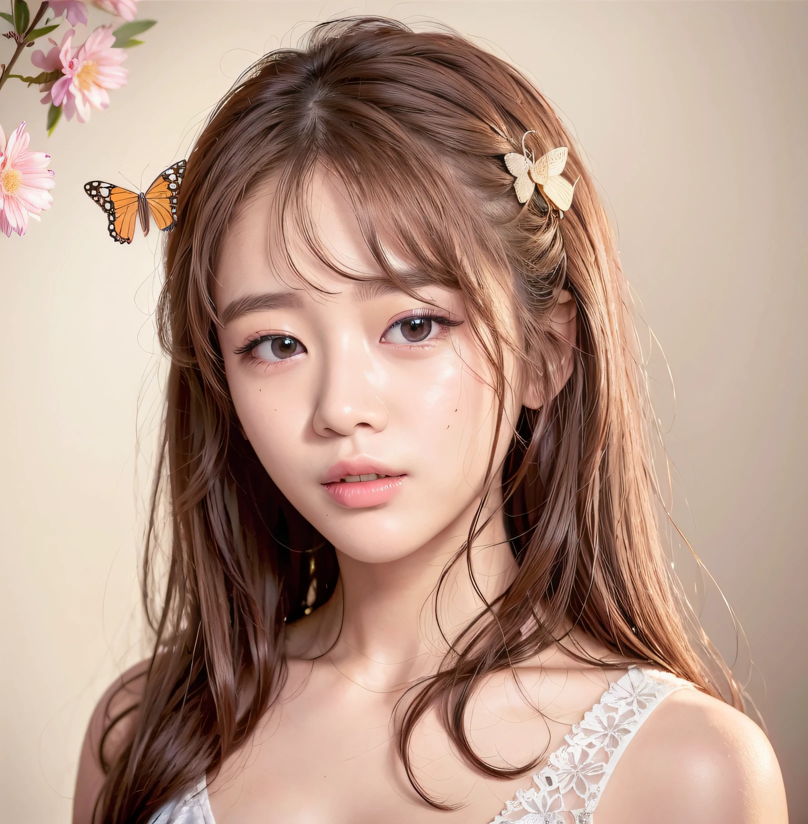 There was a girl with a butterfly stuck in her hair, lalisa manobal, sakimichan, park jimin, Kawaii realistic portrait, belle delphine, author:Tang Xianyun Sundara, sakimi chan, dilraba dilmurat, sun yunjoo, inspired by Ma Yuanyu, inspirado por Kim Jeong-hui