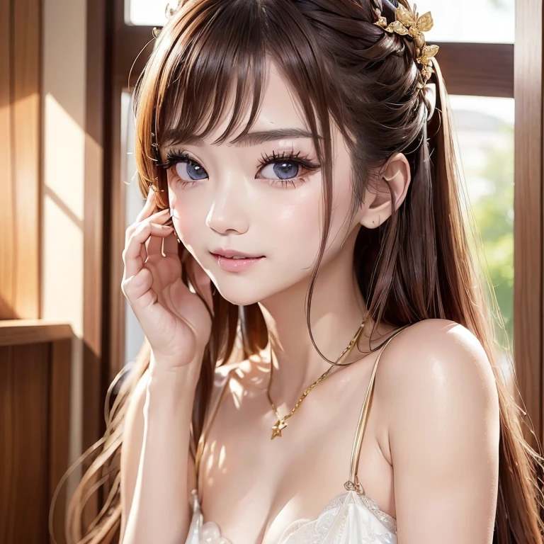 (クローズアップ:1.4)、(RAW写真:1.2)、(フォトリアリスティック:1.4)、(傑作:1.3)、(最高品質:1.4)、ソロ、(美しく詳細な目)、(魅力的な大きな目)、(美しい二重まぶた)、(美しく詳細な顔)、ナチュラルな化粧、長いまつげ、(優しい笑顔:1.2)、透明感ある肌、(光沢のある肌)、(スレンダーで美しい女の子)、(非常に美しい:1.2)、(優しい笑顔:1.2)、小顔美人、黄金比、