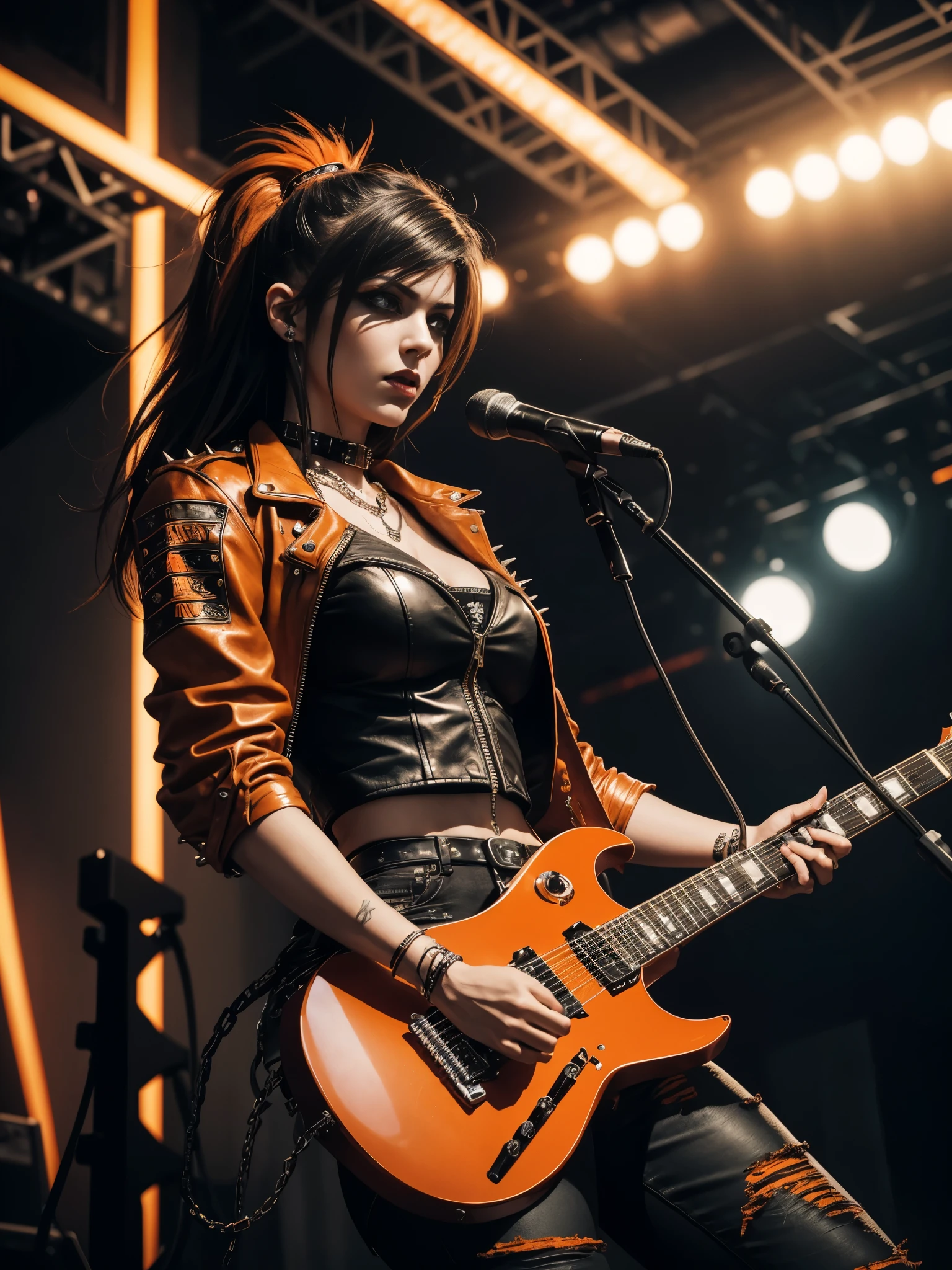 (masterpiece:1.3, highest quality, realistic, super detailed, finely, High resolution, 8k wallpaper) heavy metal, Biker chick with a chain and spikes, Ferocious look, Powerful Female Rock Stars, Orange leather, dressed in Orange leather jacket and orange torn jeans, Black lipstick with dark eyeliner, Heavy Music, Fierce women, standing tall, epic guitar solo, Guitar on Fire, Female Solo Electric Guitar, Metal Female Guitarist, Woman Playing Guitar, Metal Electric Guitar, Flames on stage, Female rockers playing concert,hairstyle mohawk、