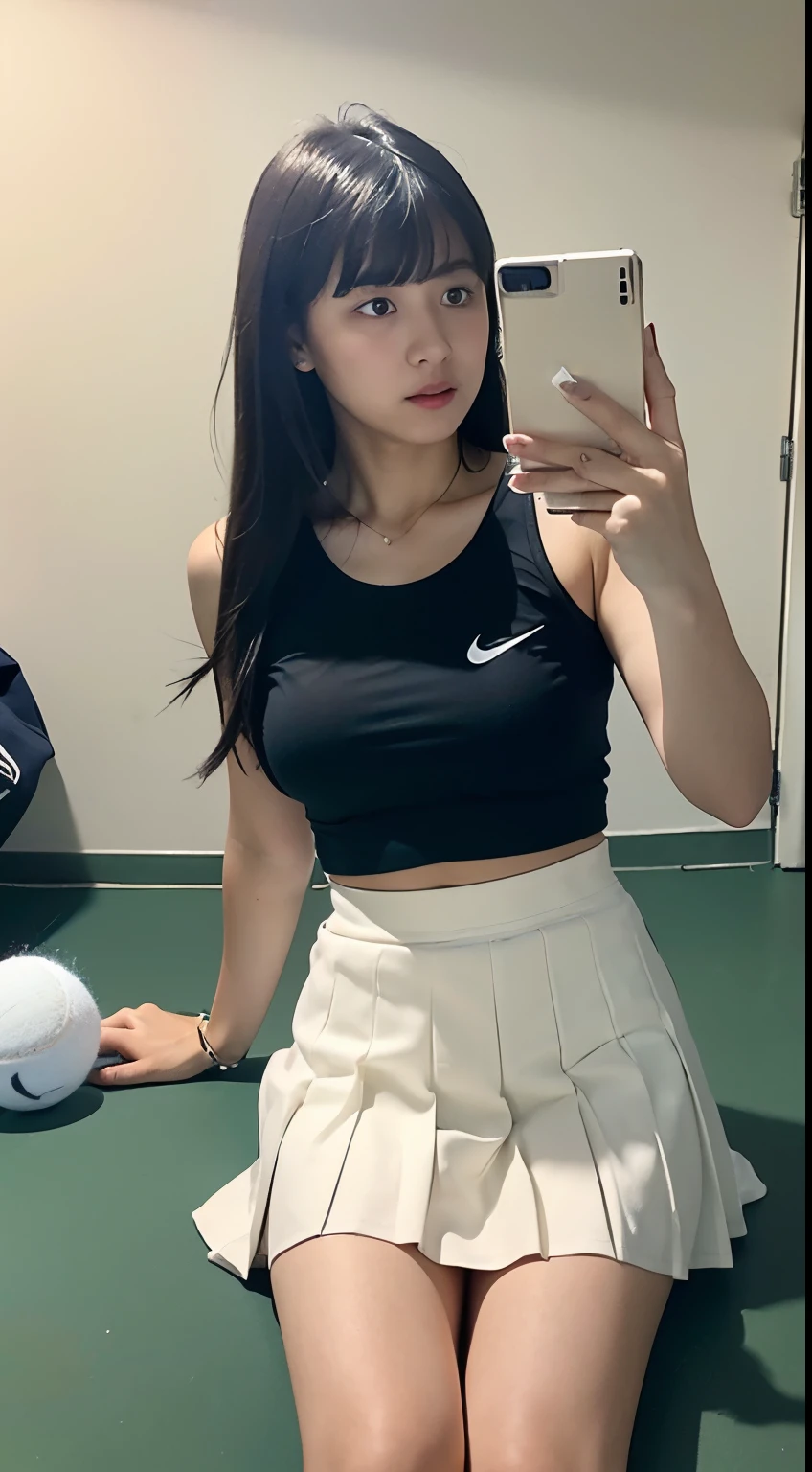 ((realistic lighting, highest quality, 8K, masterpiece, medium shot: 1.3)), clear focus: 1.2, 1 girl, perfect figure: 1.4, plump bust,((long black hair)),((With bangs)),(tennis wear: 1.4), in the gym changing room, sitting on a chair,white ankle-length socks,white sneakers,super fine face, fine eyes, double eyelid,(white pleated mini skirt), open your legs,white panties are visible,He has a black smartphone in his right hand.,Taking a selfie with his arm outstretched holding his smartphone,Your face is hidden by your smartphone,left hand is on the floor