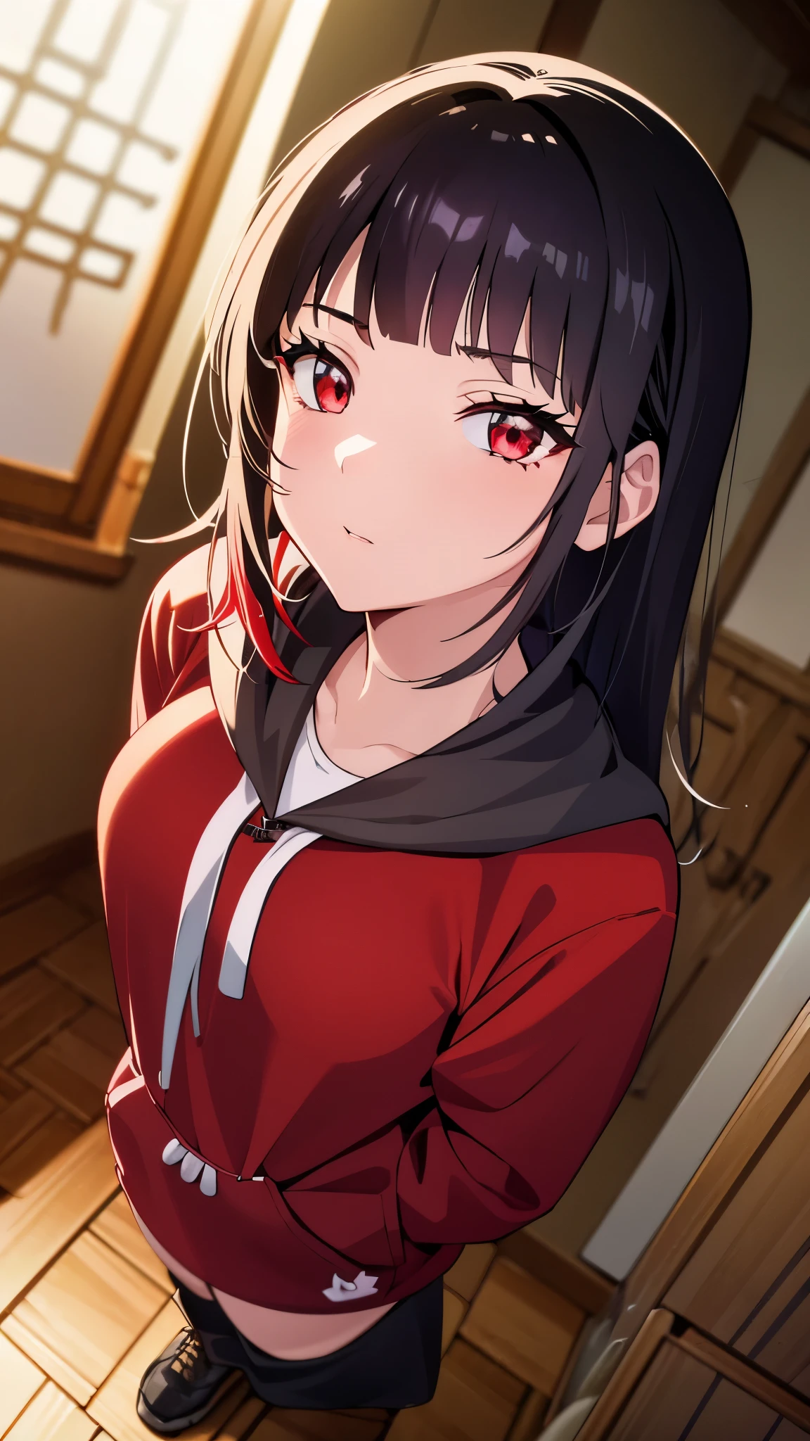 Gawr Gura but with black hair instead of white, replace blue with red, looking at viewer giving a roar, making adorable monster hands at viewer, (Highest Quality, Amazing Details:1.4), Masterpiece, Bloom, Picturesque, Brilliant Colorful Paintings, big masterpiece, best quality, extremely detailed CG, beautiful detailed eyes, ultra-detailed, intricate details:1.2), 8k wallpaper, elaborate features, glistening shiny, glowing light, ray tracing, HDR, deph of field, (perfect face), HD, perfect lighting, ((beautiful detailed eyelashes)), Deep Depth Of Field, Sharp Focus, Portrait Of Stunningly Beautiful Girl, Soft Delicate Beautiful Attractive Face With Alluring Red Eyes, Lovely Small Breasts, Natural Volumetric Lighting And Best Shadows, black hair, red eyes, gawr gura wearing red, red version, dyed hair black, hair red highlights, roaring, wearing red gawr gura hoodie, wearing oversized hoodie, red hoodie, , ((full body))