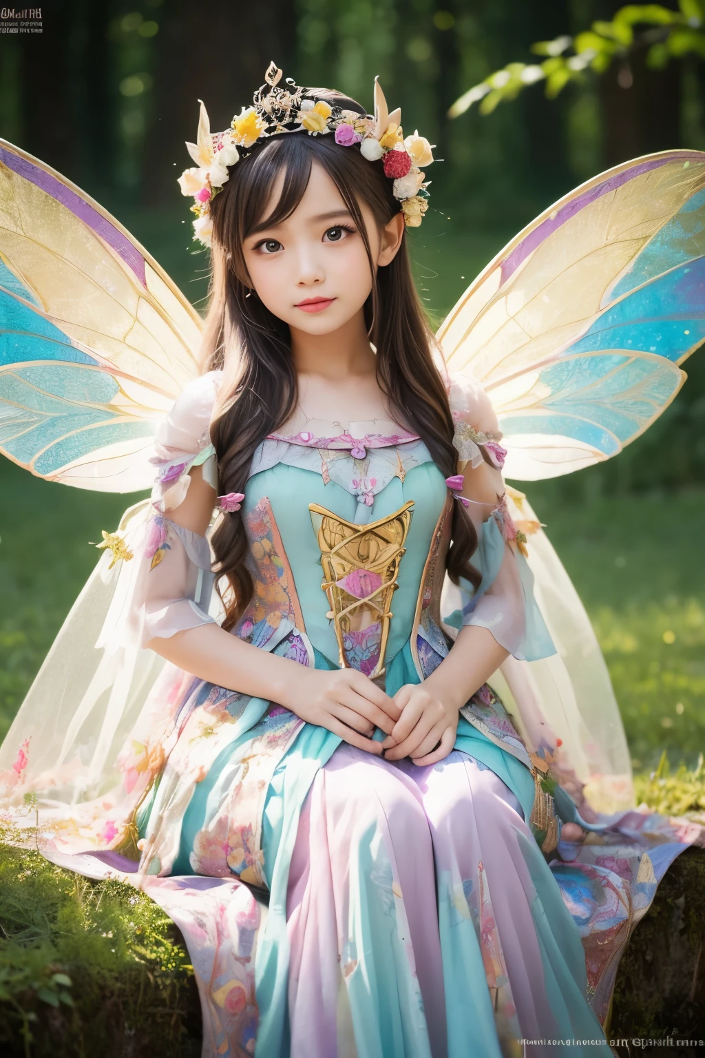 ( absurdly , high quality , Super detailed,See photographer ), fairy queen,Detailed, beautiful and colorful patterned fairy costume,See photographer，fantastic world