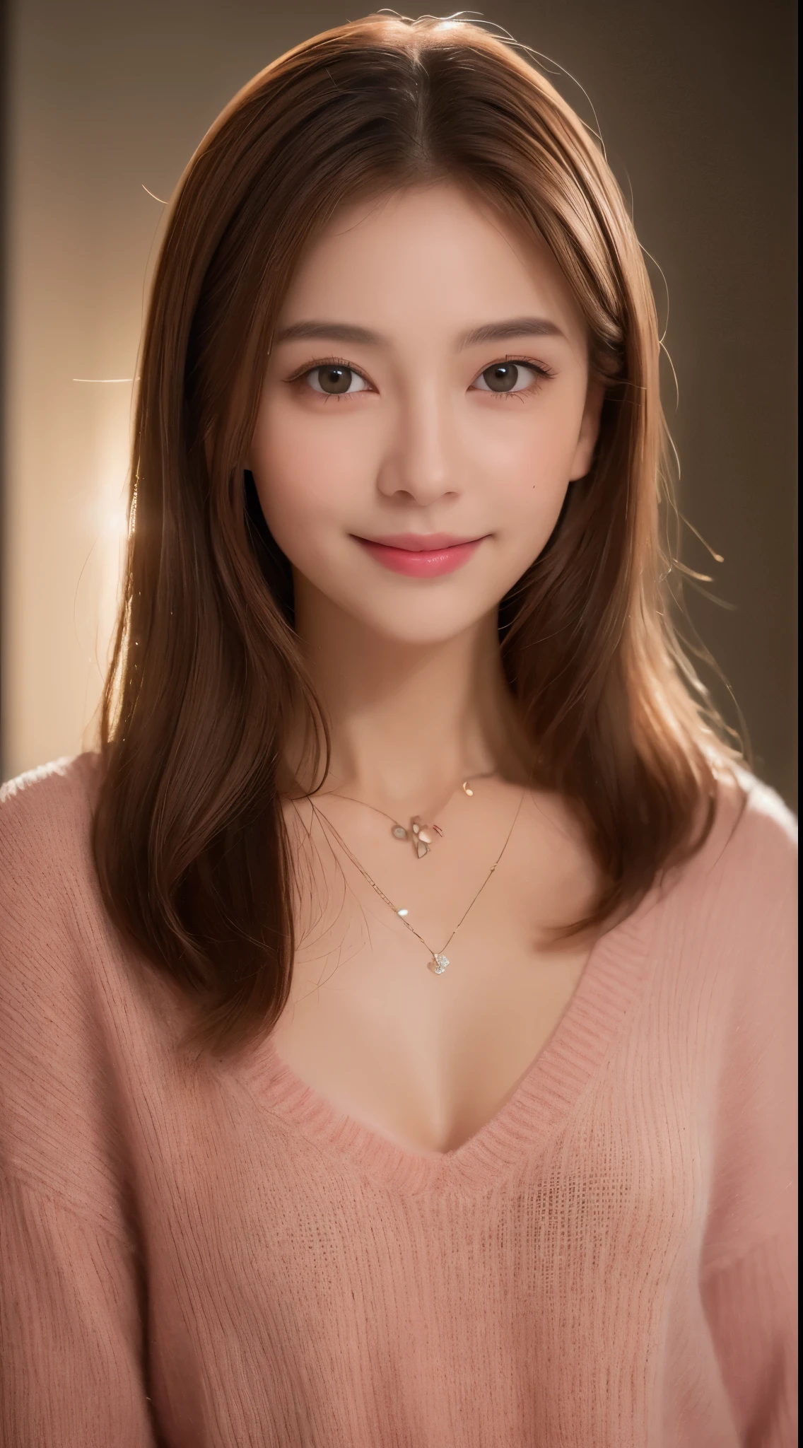 ((night, realistic light, highest quality, 8k, masterpiece: 1.3)), 1 girl, slim beauty: 1.4, abs: 1.1, (brown hair, medium breasts: 1.3), pink long sweater: 1.1, Bathroom, super detailed face, delicate eyes, double eyelid, smile, necklace