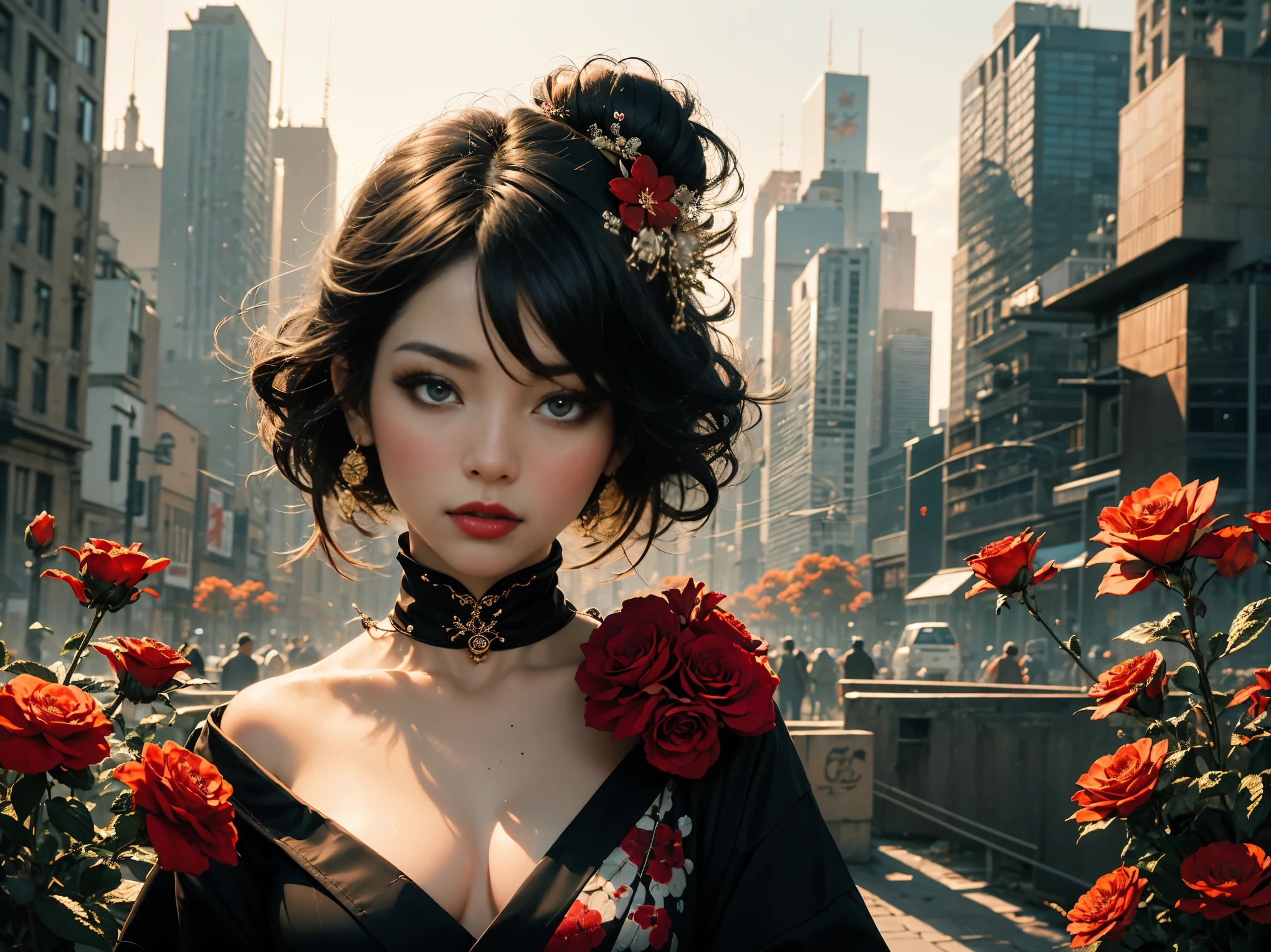 highest quality、High resolution、masterpiece、rarely seen、Oversized work、Completely original、highly detailed wallpaper、A geisha who doesn't look up at her chin、unparalleled beauty、 tied hair、 red flowers in hair、 black hair、very delicate、red lipstick、 dark makeup、portrait photography、Influenced by Banksy and Disney