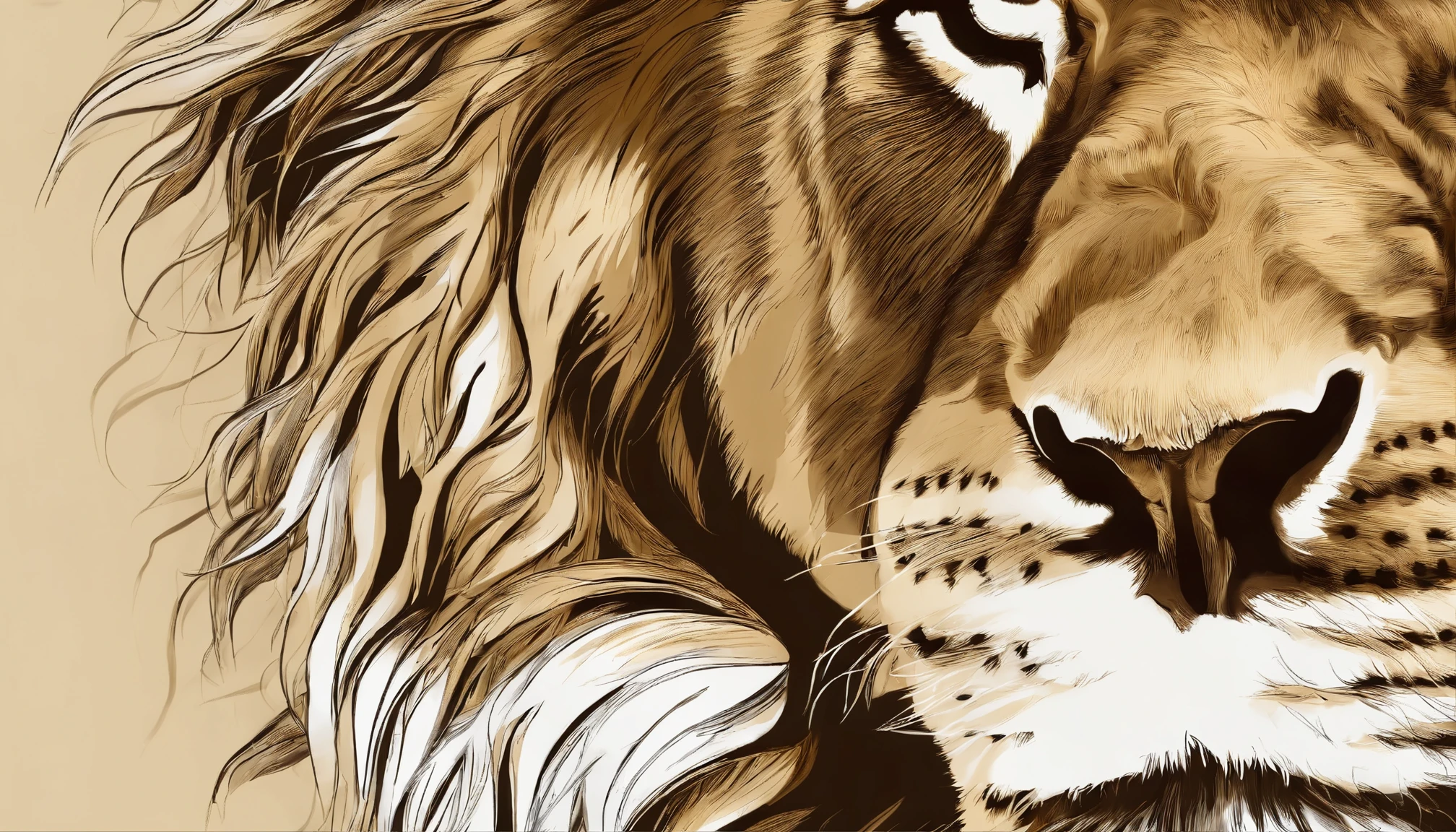 Create a detailed color illustration of a lion's face, emphasizing its majesty and ferocity. Use shades of gold and brown to highlight the lion's coat and intricate details to highlight its facial features. The expression must convey power and nobility. The illustration should capture the essence of the lion as a symbol of courage and leadership. The end result should be a stunning representation of the beauty and strength of the king of the jungle.