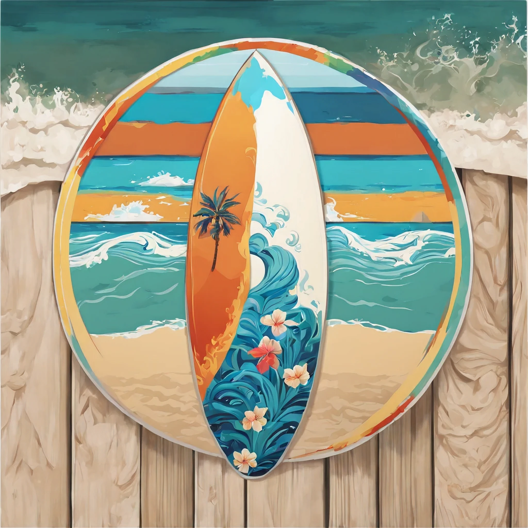surfboard, full size, front view, , tropical beach background, wind, waves, (Vietnamese style surfboard painting), Sticker, (round sticker on simple background), outside border, social media composition, out of frame