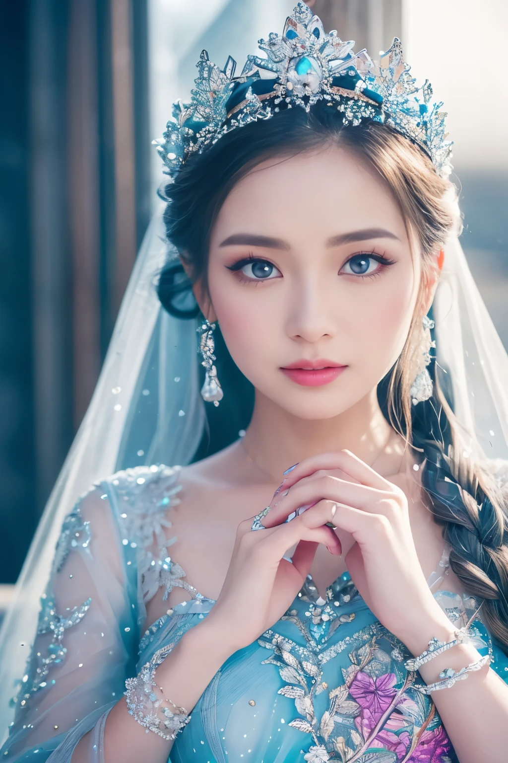 ( absurdly , high quality , Super detailed,See photographer ), Ice Queen,Ice dress with detailed, beautiful and colorful patterns,Ice costume,See photographer