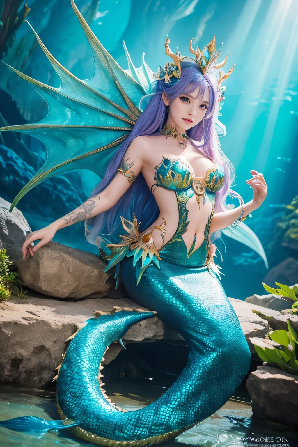 ( absurdly , high quality , Super detailed,See photographer ), Mermaid Queen,Detailed and beautifully colored dragon costume,