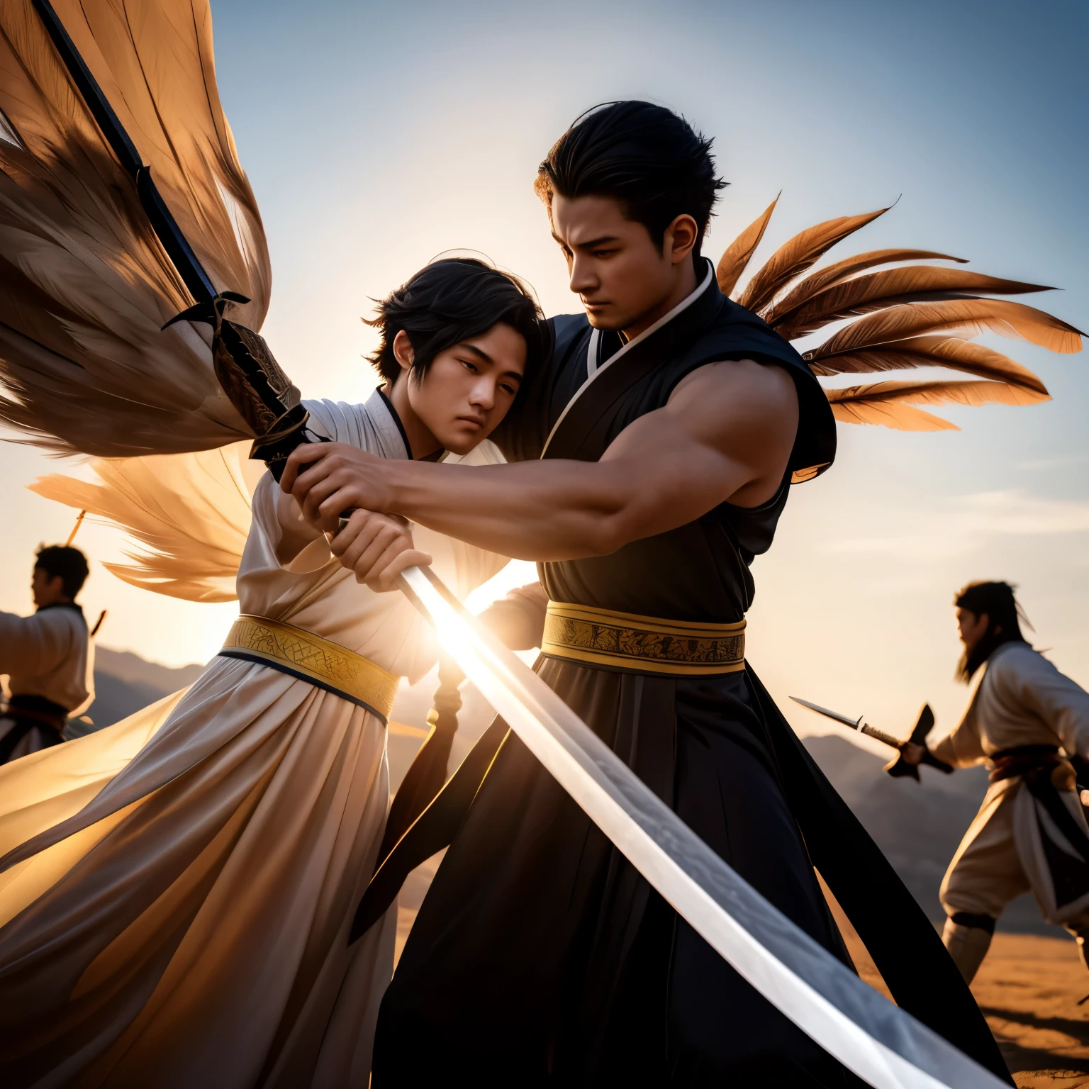 Man and man in hanfu tulle, Man holding sword against man, black hair, short tail, onyx-colored eyeballs, texture detail, glowing skin, Sun, rotating feather sword, Background blur in motion, backlight, 8K, Super detail, Masterpiece, Best quality