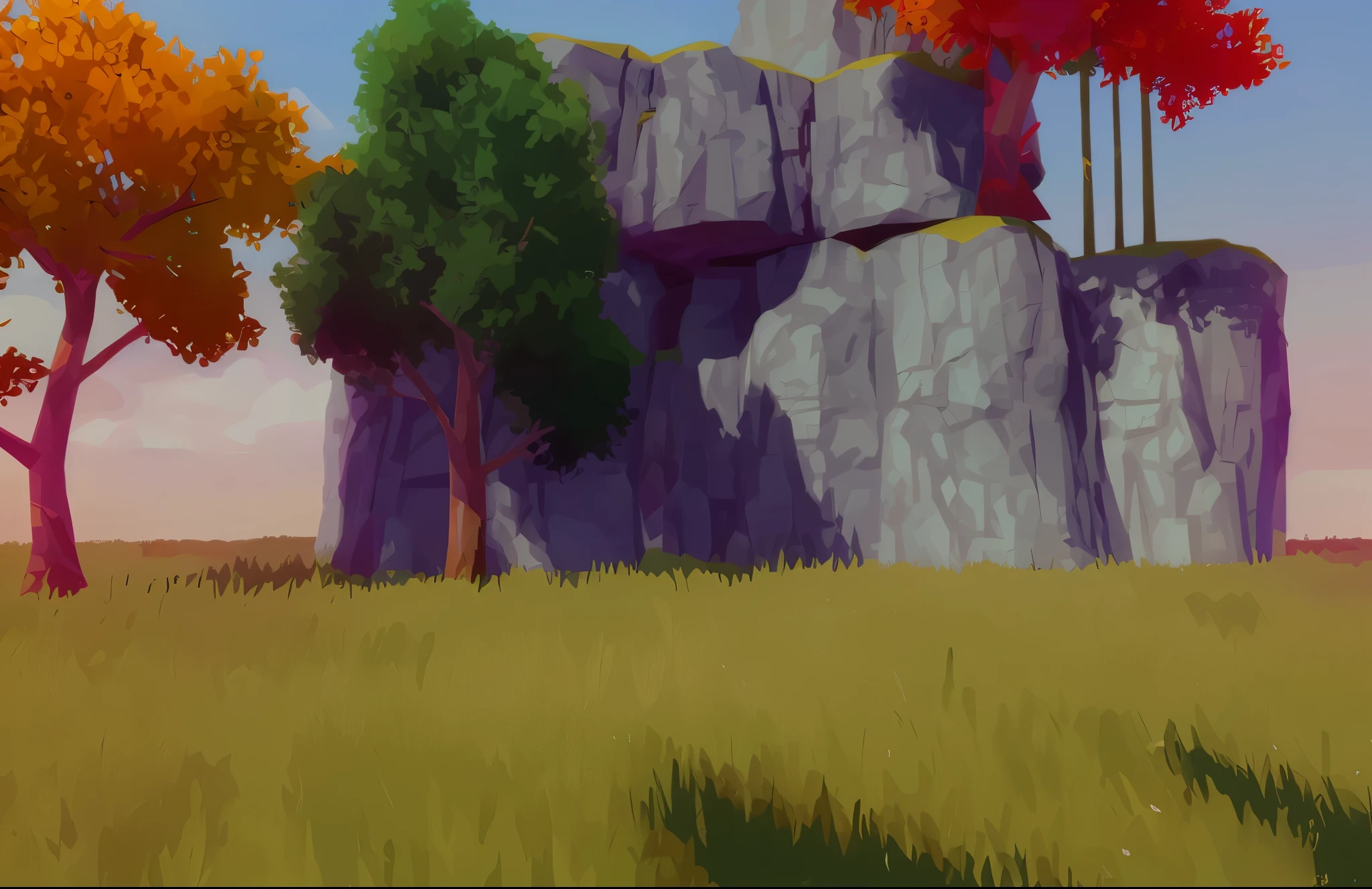 There is a painting of a rock formation,The foreground is trees, 被描绘成game concept art, background art, background artwork, Stylization, stylized concept art, low detail. number, environmental painting, rocky environment, 风景game concept art, Stylization的游戏艺术, Ultra-detailed color low poly art, game concept art, Stylization阴影