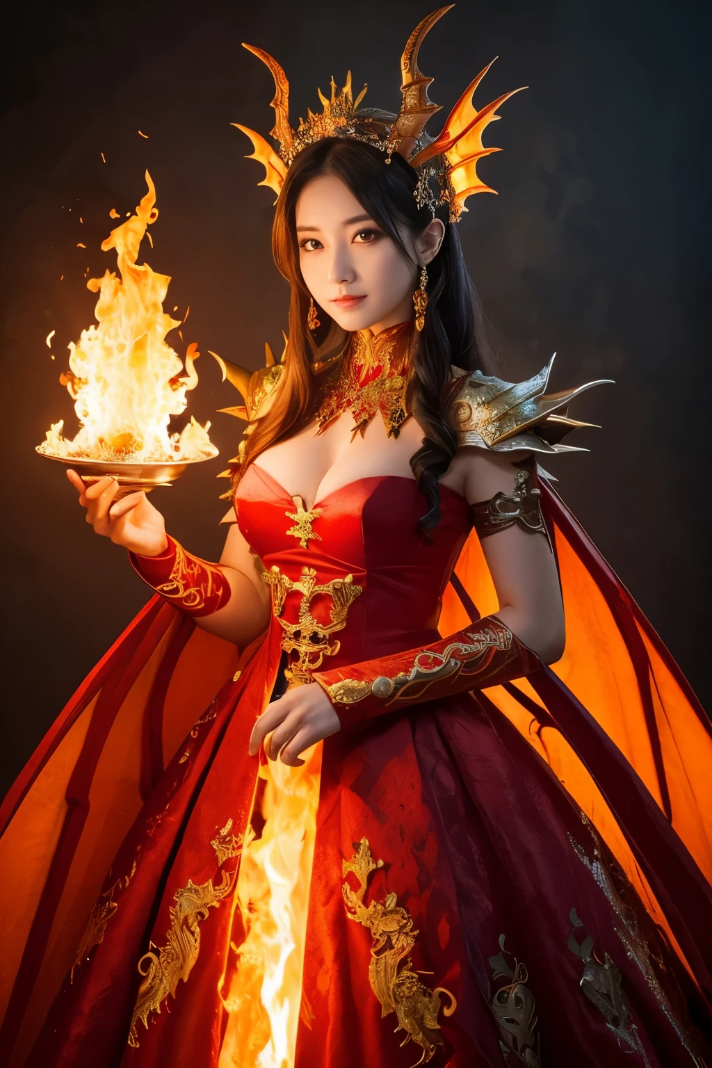 ( absurdly , high quality , Super detailed,See photographer ),queen of flame,Detailed and beautifully colored dragon costume,