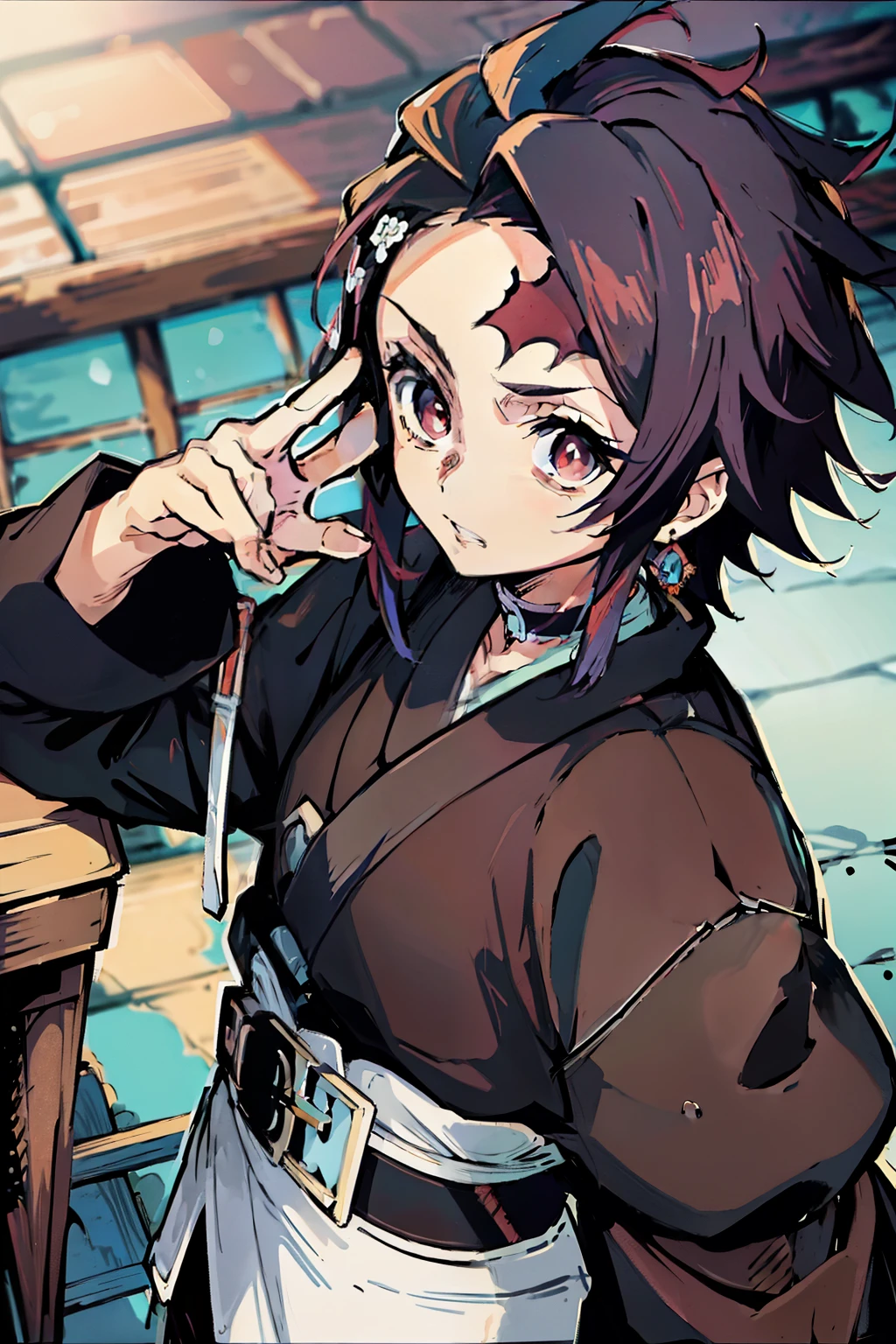 obra-prima, melhor qualidade, 1 menino, demon slaying art, kimono preto, haori azul com nuvens brancas, roupas japonesas, brinco, cabelo longo, Mangas_longas, pele branca, cabelo preto com algumas mechas vermelhas. Segurando uma espada de cor azulada. Blue blade. Esta com cara de agressivo