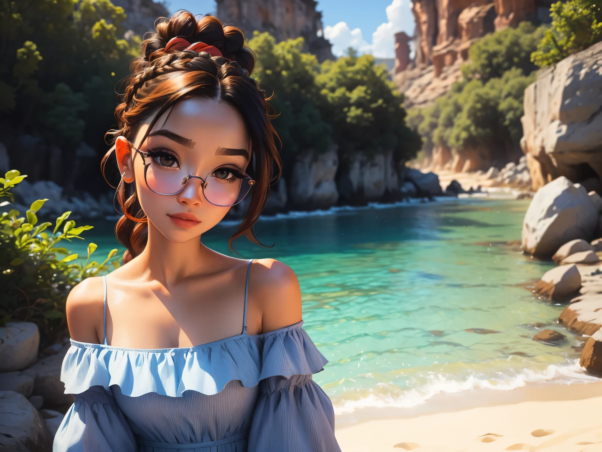 1 girl, bonita e fofa, wearing big round glasses, beautiful offshoulder dress, babyface, estilo chibi, cabelo vermelho e azul de duas cores, braided hair ponytail, olhos de detalhe perfeito, rosto delicado, CG perfeito, qualidade de imagem HD, 3/4 body view, facing camera, looking at camera, offshoulder,