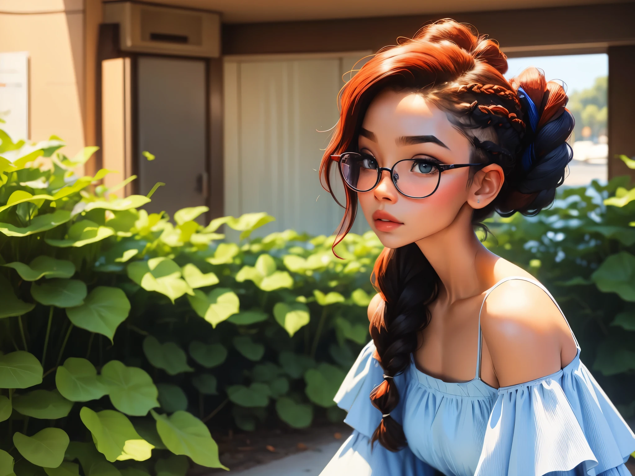 1 girl, bonita e fofa, wearing big round glasses, beautiful offshoulder dress, babyface, estilo chibi, cabelo vermelho e azul de duas cores, braided hair ponytail, olhos de detalhe perfeito, rosto delicado, CG perfeito, qualidade de imagem HD, 3/4 body view, facing camera, looking at camera, offshoulder,