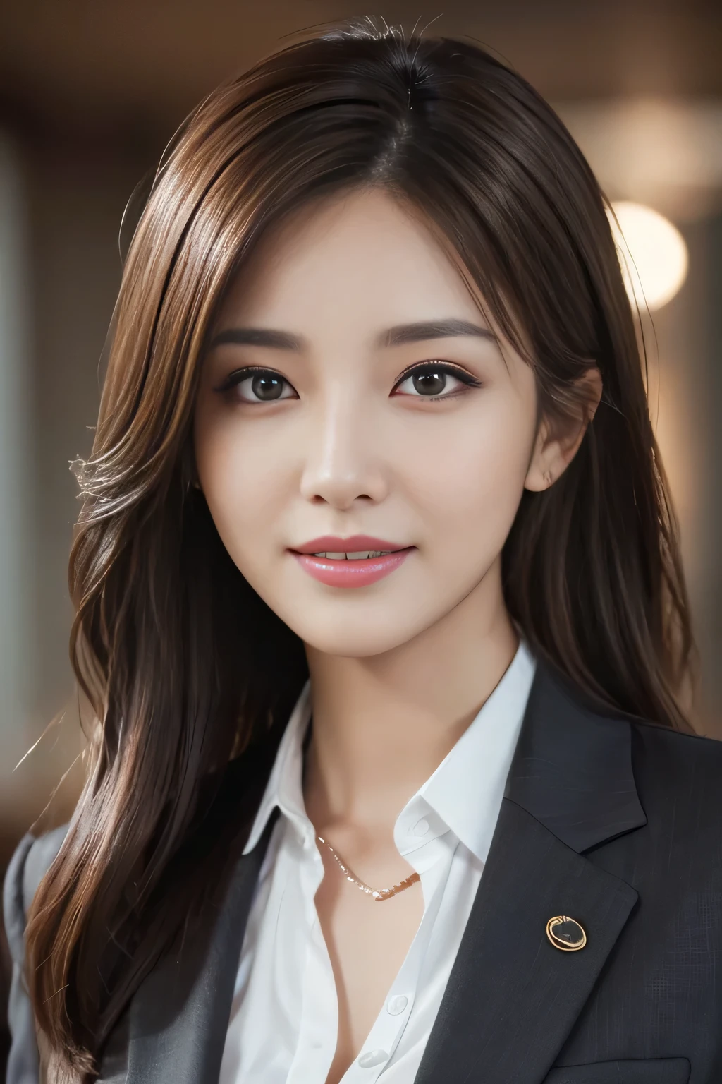 table top, highest quality, realistic, Super detailed, finely, High resolution, 8k wallpaper, 1 beautiful woman,, light brown messy hair, wearing a business suit, sharp focus, perfect dynamic composition, beautiful and detailed eyes, thin hair, Detailed realistic skin texture, smile, close-up portrait, model body shape