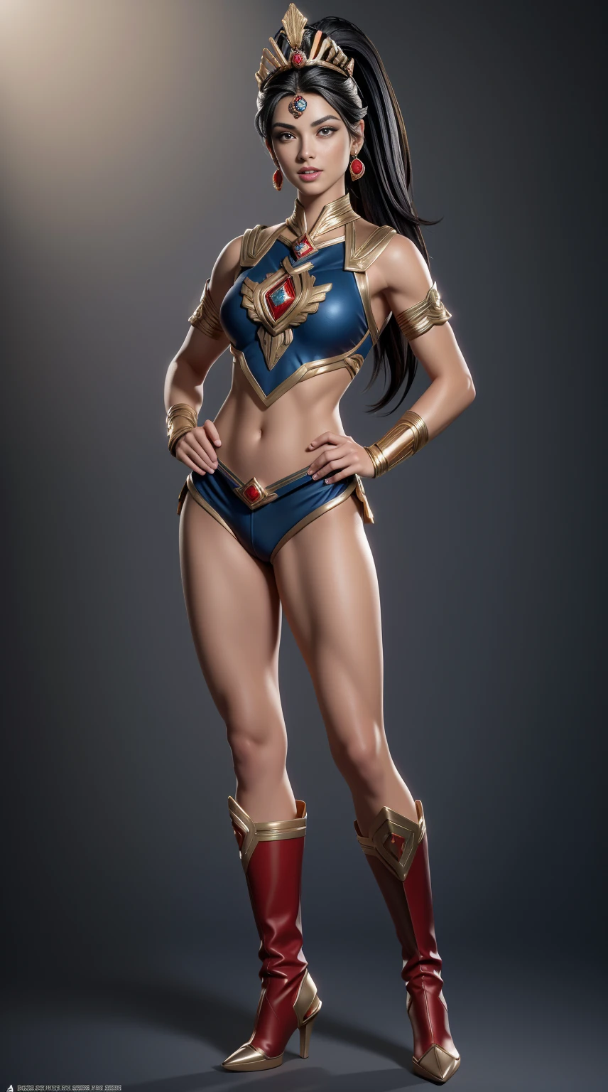 (((full body photo))) (Masterpiece, 4k resolution, ultra-realistic, very detailed) sexy beautiful female superheroine ,, (jet black hair) ponytail, ( blue Ancient roman outfit) red , with a golden Star, wears (a golden tiara with a red gem on forehead) , golden bracelets, long red boots, and small red shorts full body in the style of realism, glistening skin, , natural lighting, Defined full lips. fitness feminine body. in the style of realism, glistening skin, , natural lighting, Defined full lips. Muscular fitness feminine body