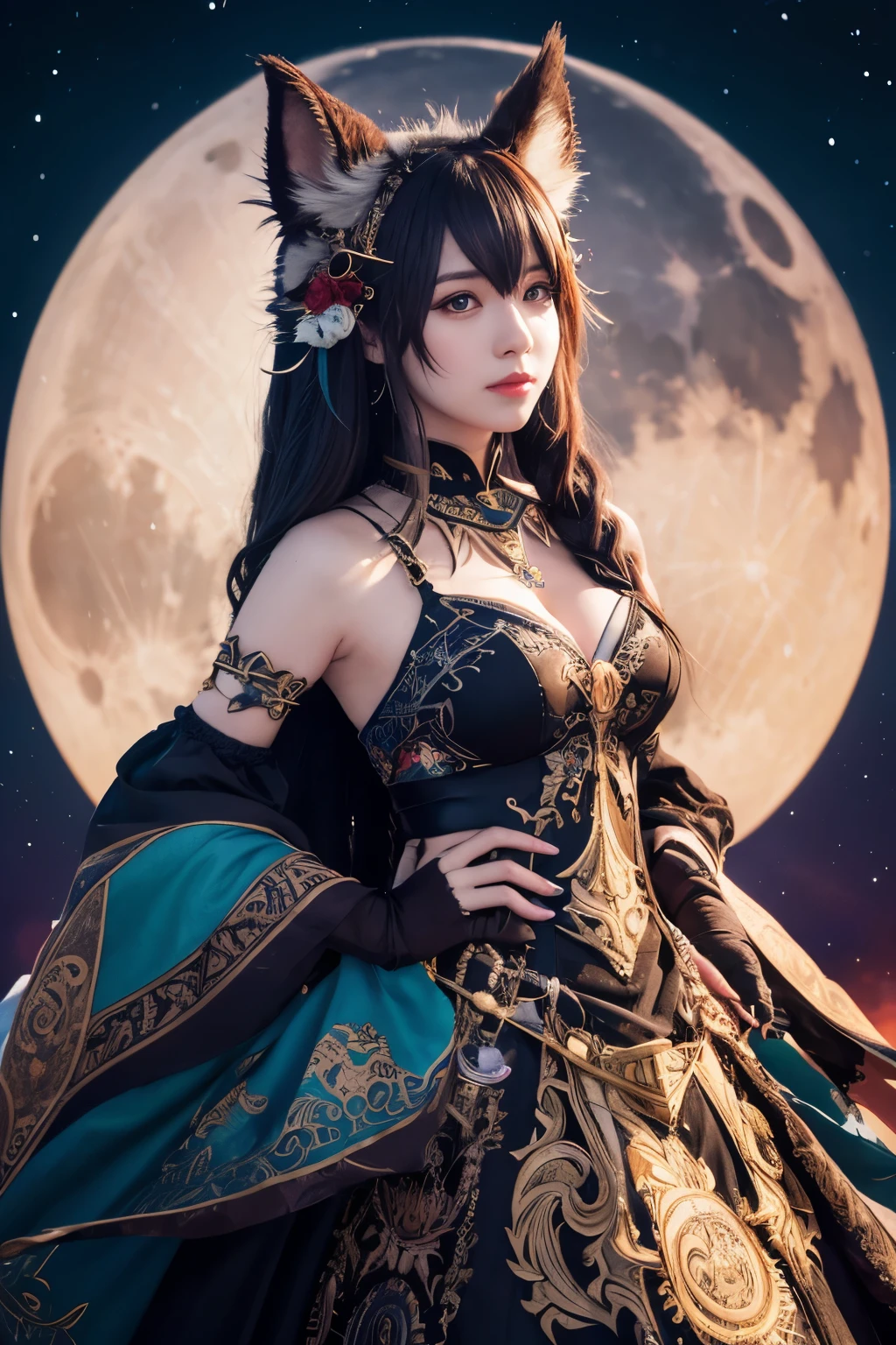 ( absurdly , high quality , Super detailed,See photographer ), fenrir queen,Fenrir's costume has detailed, beautiful and colorful patterns.,See photographer,Fantastic crescent moon background