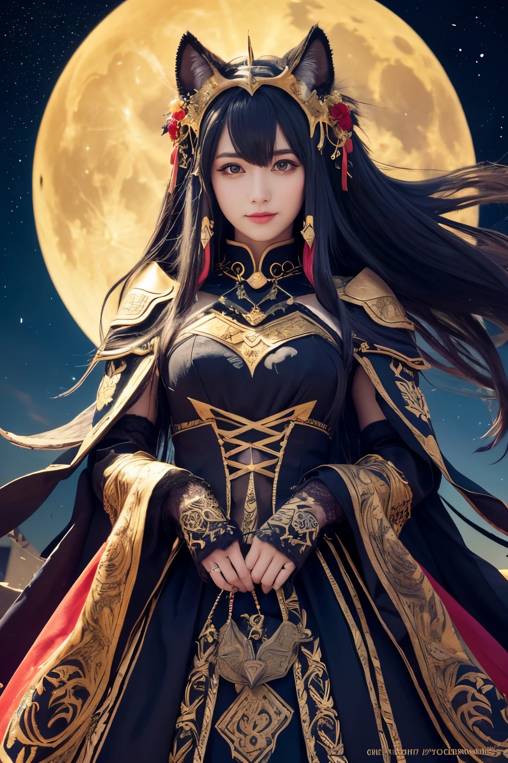 ( absurdly , high quality , Super detailed,See photographer ), fenrir queen,Fenrir's costume has detailed, beautiful and colorful patterns.,See photographer,Fantastic crescent moon background