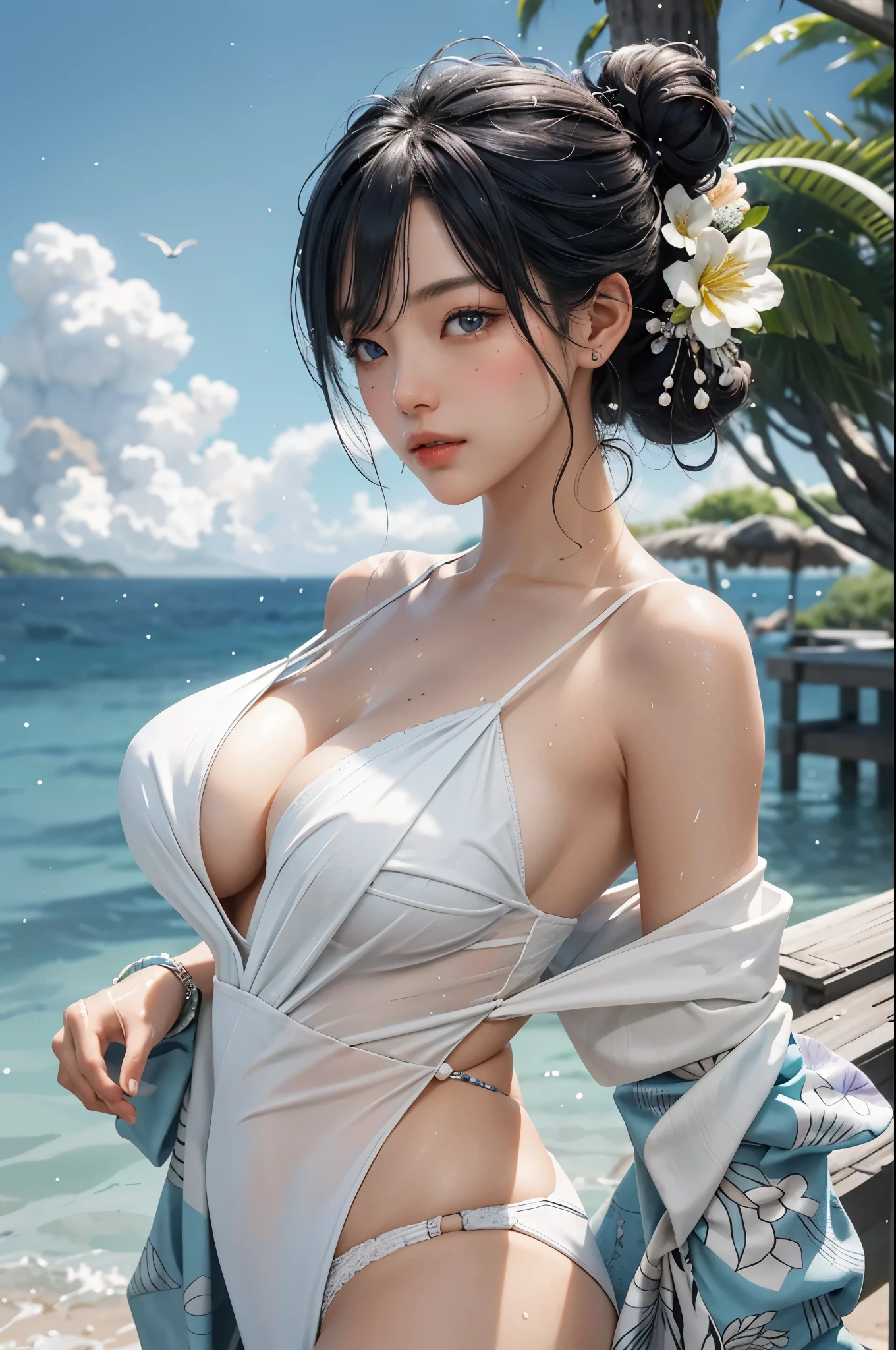 1girl in, breastsout, a moon, paper lanterns, natta, solo,, hair adornments, wet, kimono, komono, playing in the water, Eau, Hair Flowers, florals, plein air, Skysky, fullmoon, Sateen, A dark-haired, off shoulders, mont, clouds, Hugged, sash, bare shoulders, paper lanterns, is standing, White kimono, nigh sky, sideboob barbosa, obi, Wet clothes, bangss, The tree, from side, Reflectors, shorth hair, cloudy ash sky, wetting hair (((masterpiece),(the Extremely Detailed CG Unity 8K Wallpapers)、top-quality、、solo、1girl、movie lighting、Detailed background、beatiful detailed eyes、Bright pupils、(extremely delicate and beautiful)、(Beautiful and detailed eyes description)、ultra-detailliert、masterpiece、))、high-level image quality, high-detail,hiquality,(((1a person)))(((girl with))), Three-dimensional feeling, Fine details Crouch, shiny_The skin,Plump woman, Young,, Medium Shorthair, asymmetrical bangs, hair slicked back, Hair bun, multicolored hair, hair blowing in wind, Delicate facerain, embarrassed, Beautiful detailed eyes, parted_Lips, bare_shoulders, Wet skin, onepiece, swimsuit, sandal, See-through, underboob, Exquisite cloth, Silver swimsuit, Water, ocean, Sunlight, extremely CG, ((Suntan-Skin)), ((huge tit)) nsfw