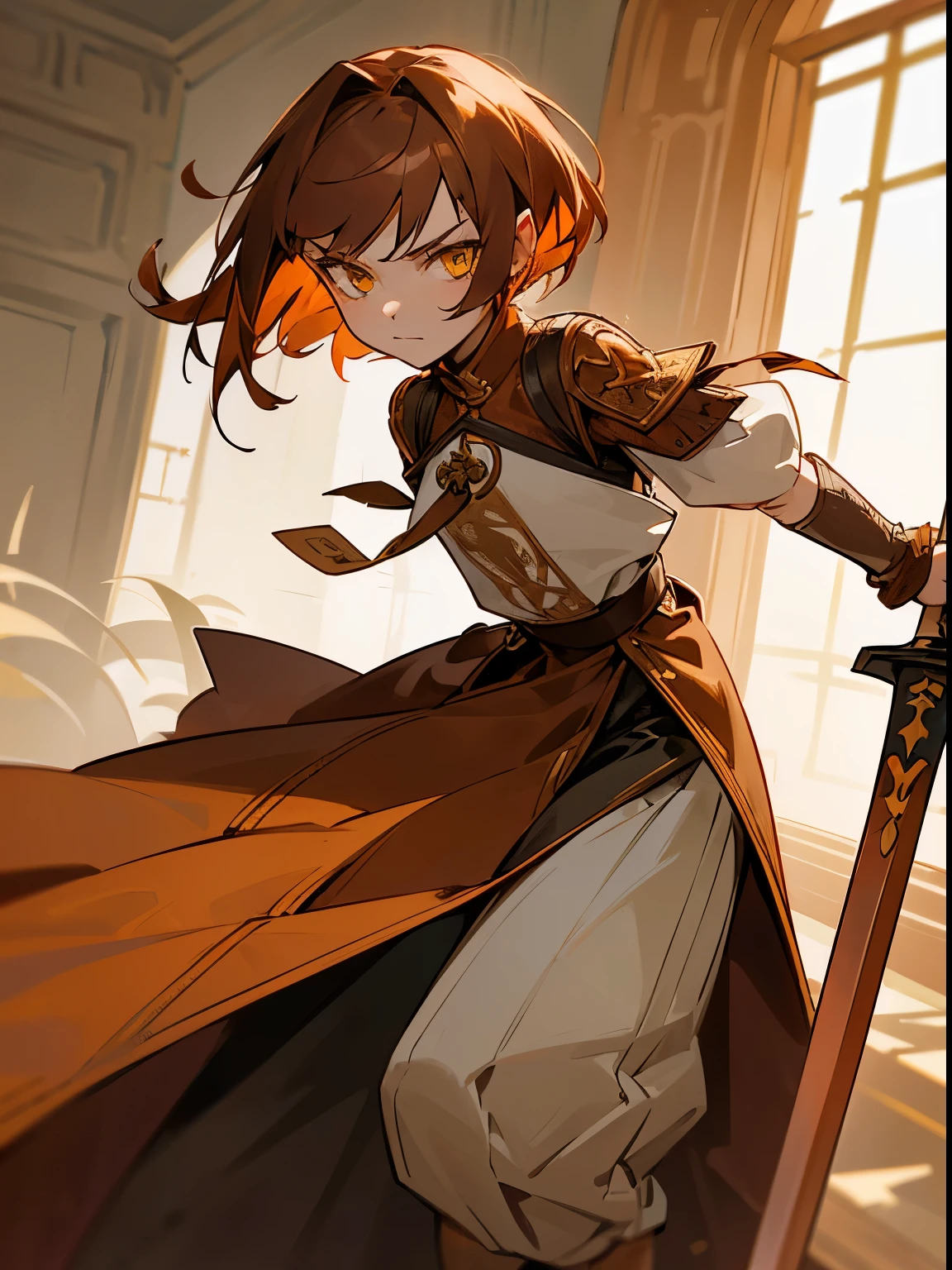 A short girl with, ((copper hair, cutted like a boy hair)) and furious amber-yellow eyes, full of revenge, dressed in a brown and silver tabard with the decoration of a sword clip standing vertically on the sill of the brocade tabard, pants under a sewn sable slit skirt that falls to the knees, plus a simple brigantine