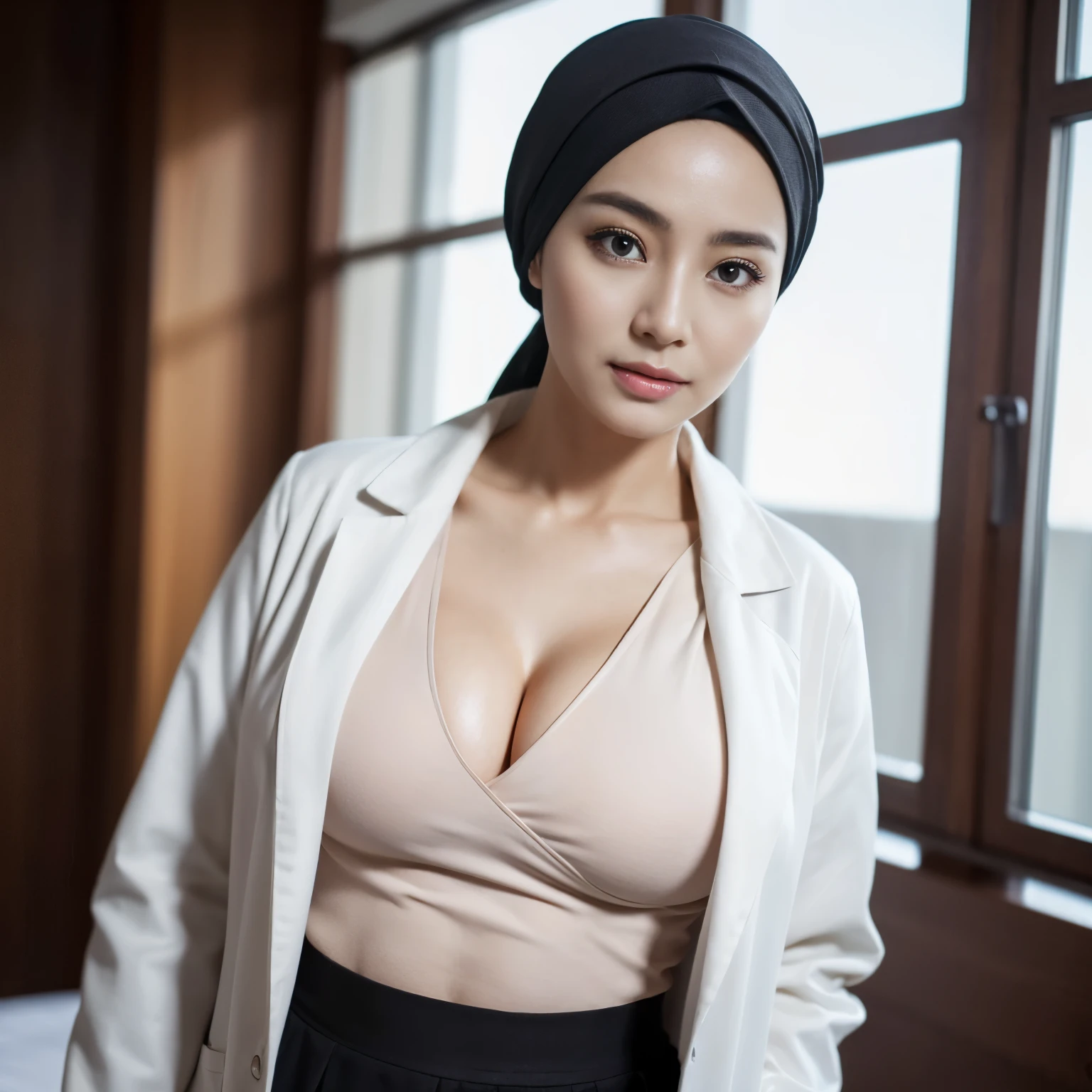 Photorealistic beautiful Hijab Indonesian Mature woman, doctor、stunningly beautiful、doctors white coat, Collared shirt、(top-quality、8K、32K、masterpiece、nffsw:1.3)、超A high resolution,(Photorealsitic:1.4),Raw photography, Detailed face,,Beautiful hijab, ((Doctor Style)), , Black tight skirt、 Natural makeup,, (large full breasts : 1.4)、inside hospital, Detailed background, Perfect Lighting, depth of fields, Beautiful shadow gradient,stethoscope .