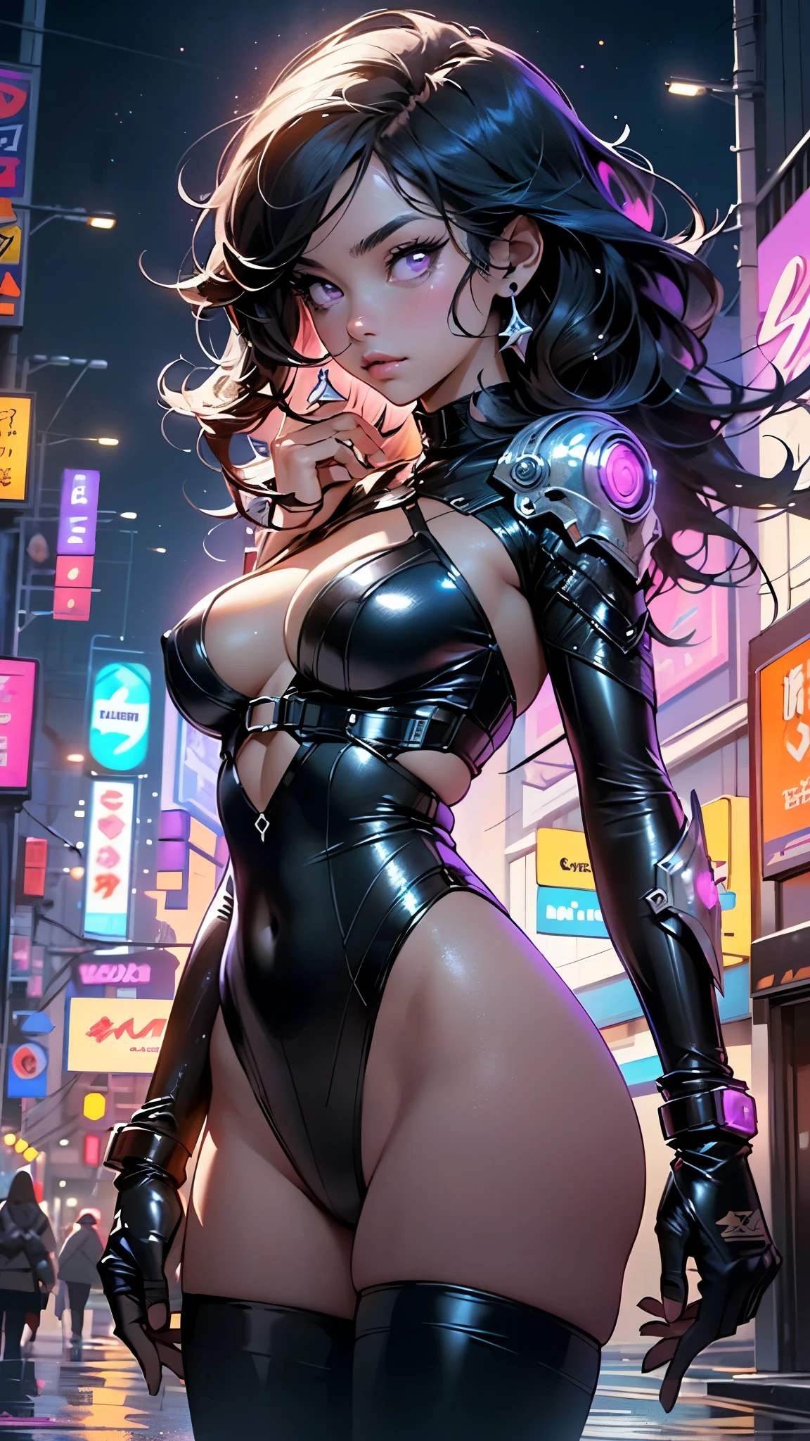 girl spacepunk,(1girl),((cute and beautiful black haired girl)),
(large breasts:1.4),saggy breasts,(((black wavy hair:1.35,absurdly long unkempt hair,messy hair,colored inner hair,ear breathing))),(((purple_eyes:1.3))),intricate eyes,beautiful detailed eyes,symmetrical eyes,((fat)),(((lustrous skin:1.5,bright skin: 1.5,skin tanned,shiny skin,very shiny skin,shiny body,plastic glitter skin,exaggerated shiny skin,illuminated skin,wet legs))),(spider lower abdomen,narrow waist,wide hip,athletic body,inflated legs, thick thighs,detailed body,(detailed face)),
cute,slutty,erotic,((nsfw)),
zettai ryouiki,revealing clothing,show skin,(wearing a mechanical space body armor:1.3,micro armor bikini,bare legs),with micro clothes,almost totally naked,with little clothing,tiny thong,generous neckline,(((wet clothes,intricate outfit,intricate clothes))),
dynamic pose:1.0,embarrassed,(centered,scale to fit dimensions,Rule of thirds),
cyberpunk city by the ocean at night, with bright neon signs and dark stormy clouds and puddles, scenery:1.25,nighttime, starry night, cosmos,Very dark night that makes the neon lights stand out, very bright neon lights,nighttime, starry night, cosmos,
artistic photography,(photography taken by sldr),highres, sharp focus,(ultra detailed, extremely detailed), (photorealistic artwork:1.37),(extremely detailed CG unity 8k wallpaper),((synthwave background theme)),(((vibrant colors))),intricate,(intricate background),(masterpiece),(best quality),perfect rendered face,perfect face details,realistic face,photo realistic,analog style,((intricate detail)),(((realism))),