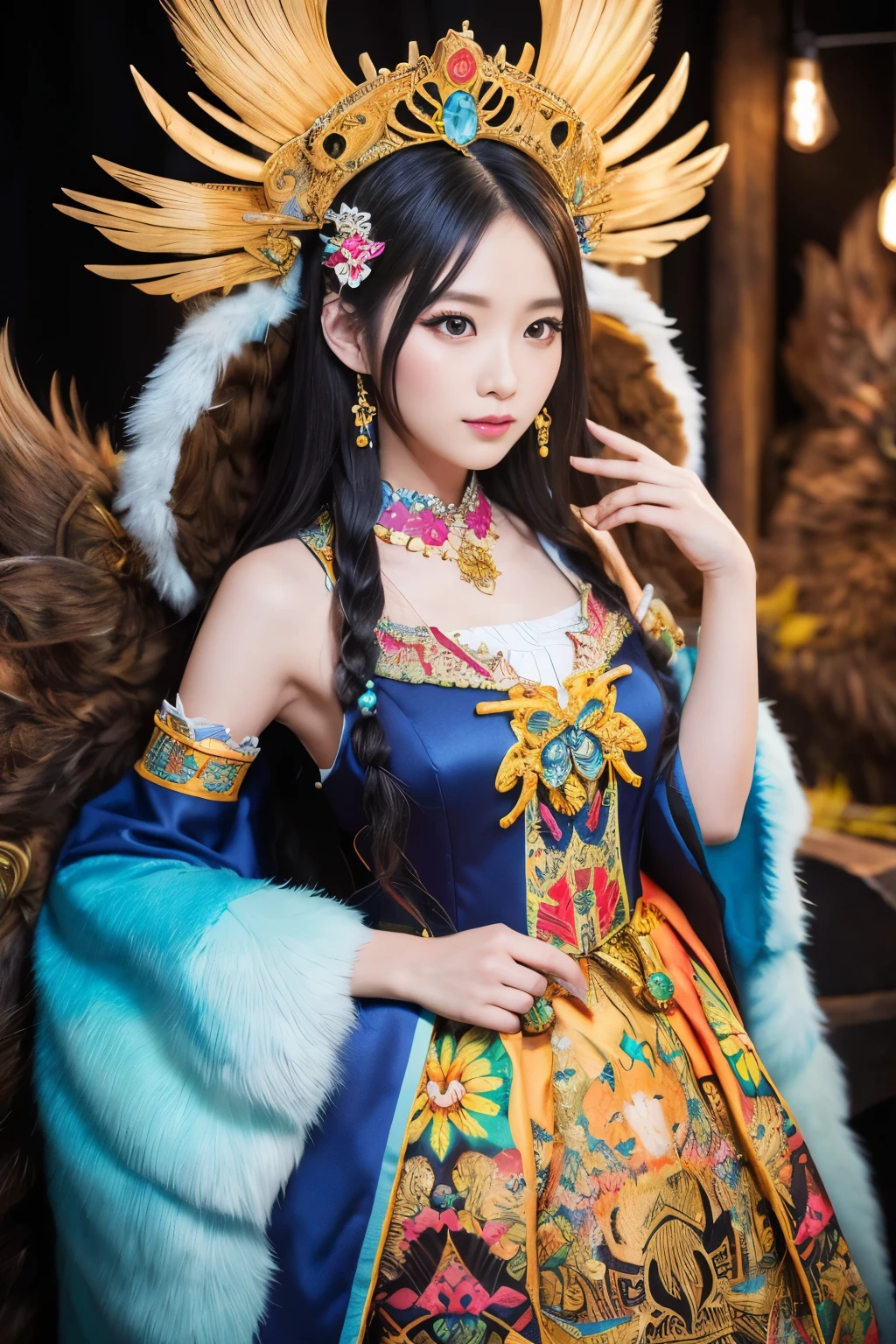 ( absurdly , high quality , Super detailed,See photographer ),Kirin Queen,Kirin costume with detailed, beautiful and colorful patterns,See photographer,(Fantastic creature Kirin background)