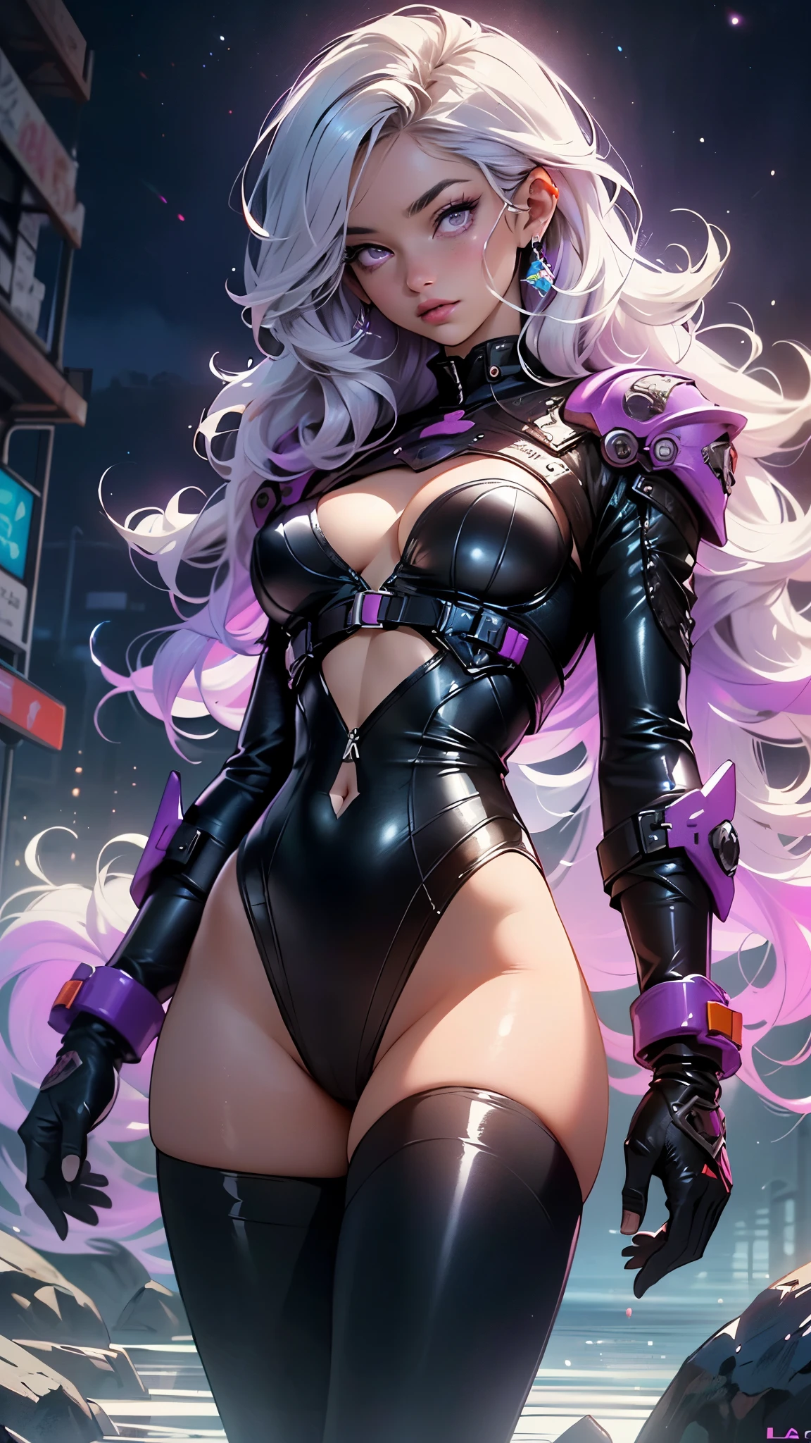 girl spacepunk,(1girl),((cute and beautiful black haired girl)),
(large breasts:1.4),saggy breasts,(((black wavy hair:1.35,absurdly long unkempt hair,messy hair,colored inner hair,ear breathing))),(((purple_eyes:1.3))),intricate eyes,beautiful detailed eyes,symmetrical eyes,((fat)),(((lustrous skin:1.5,bright skin: 1.5,skin tanned,shiny skin,very shiny skin,shiny body,plastic glitter skin,exaggerated shiny skin,illuminated skin,wet legs))),(spider lower abdomen,narrow waist,wide hip,athletic body,inflated legs, thick thighs,detailed body,(detailed face)),
cute,slutty,erotic,((nsfw)),
zettai ryouiki,revealing clothing,show skin,(wearing a mechanical space body armor:1.3,micro armor bikini,bare legs),with micro clothes,almost totally naked,with little clothing,tiny thong,generous neckline,(((wet clothes,intricate outfit,intricate clothes))),
dynamic pose:1.0,embarrassed,(centered,scale to fit dimensions,Rule of thirds),
cyberpunk city by the ocean at night, with bright neon signs and dark stormy clouds and puddles, scenery:1.25,nighttime, starry night, cosmos,Very dark night that makes the neon lights stand out, very bright neon lights,nighttime, starry night, cosmos,
artistic photography,(photography taken by sldr),highres, sharp focus,(ultra detailed, extremely detailed), (photorealistic artwork:1.37),(extremely detailed CG unity 8k wallpaper),((synthwave background theme)),(((vibrant colors))),intricate,(intricate background),(masterpiece),(best quality),perfect rendered face,perfect face details,realistic face,photo realistic,analog style,((intricate detail)),(((realism))),