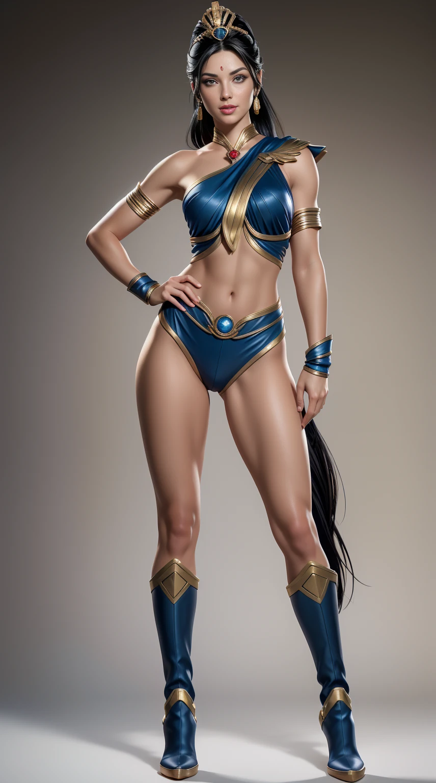 (((full body photo))) (Masterpiece, 4k resolution, ultra-realistic, very detailed) sexy beautiful female superheroine ,, (jet black hair) ponytail, ( blue Ancient roman outfit) red , with a golden Star, wears (a golden tiara with a red gem on forehead) , golden bracelets, long red boots, and small red shorts full body in the style of realism, glistening skin, , natural lighting, Defined full lips. fitness feminine body. in the style of realism, glistening skin, , natural lighting, Defined full lips. Muscular fitness feminine body
