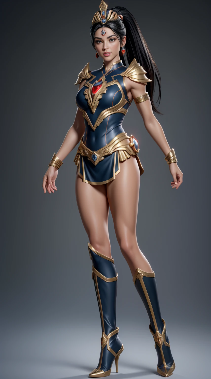 (((full body photo))) (Masterpiece, 4k resolution, ultra-realistic, very detailed) sexy beautiful female superheroine ,, (jet black hair) ponytail, ( blue Ancient roman outfit) red , with a golden Star, wears (a golden tiara with a red gem on forehead) , golden bracelets, long red boots, and small red shorts full body in the style of realism, glistening skin, , natural lighting, Defined full lips. fitness feminine body. in the style of realism, glistening skin, , natural lighting, Defined full lips. Muscular fitness feminine body