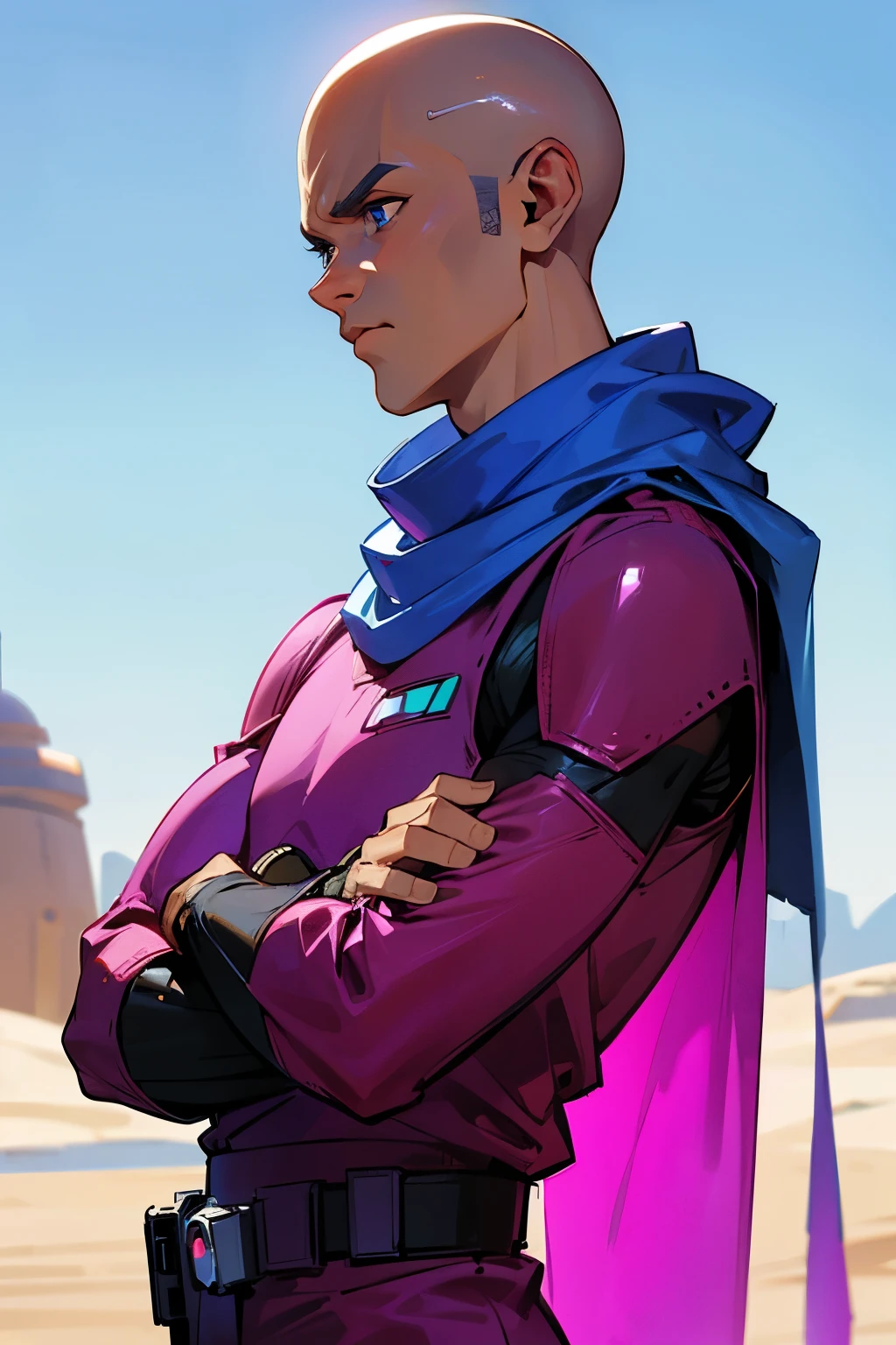 star wars, alien, star wars outfit, male, bald, magenta shiny outfit, blue eyes, blue scarf, big muscular, desert background
