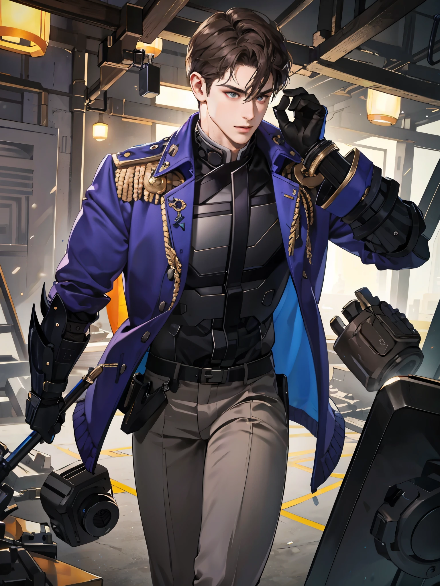 11:23(((Best quality: 1.4))),(Unbeatable masterpiece), (hyper HD),(Hyper-realistic 8k CG)、(dark colored hair) ((( body))), (((1 girl in))), 25-year-old American soldier with perfect body,,Beautiful and well groomed face,muscular body:1.2,Solid royal blue jacket with details, (Pictures from head to thighs), Complex equipment, purpleish color,long trousers,The clothes inside are dark,Clothes with metal electronic parts,Tech Armor )