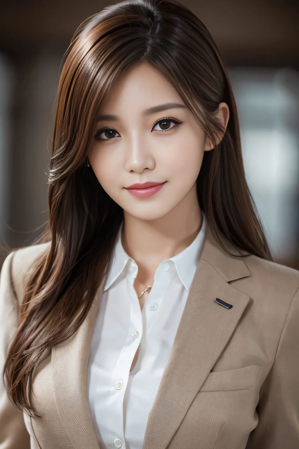 table top, highest quality, realistic, Super detailed, finely, High resolution, 8k wallpaper, 1 beautiful woman,, light brown messy hair, wearing a business suit, sharp focus, perfect dynamic composition, beautiful and detailed eyes, thin hair, Detailed realistic skin texture, smile, close-up portrait, model body shape