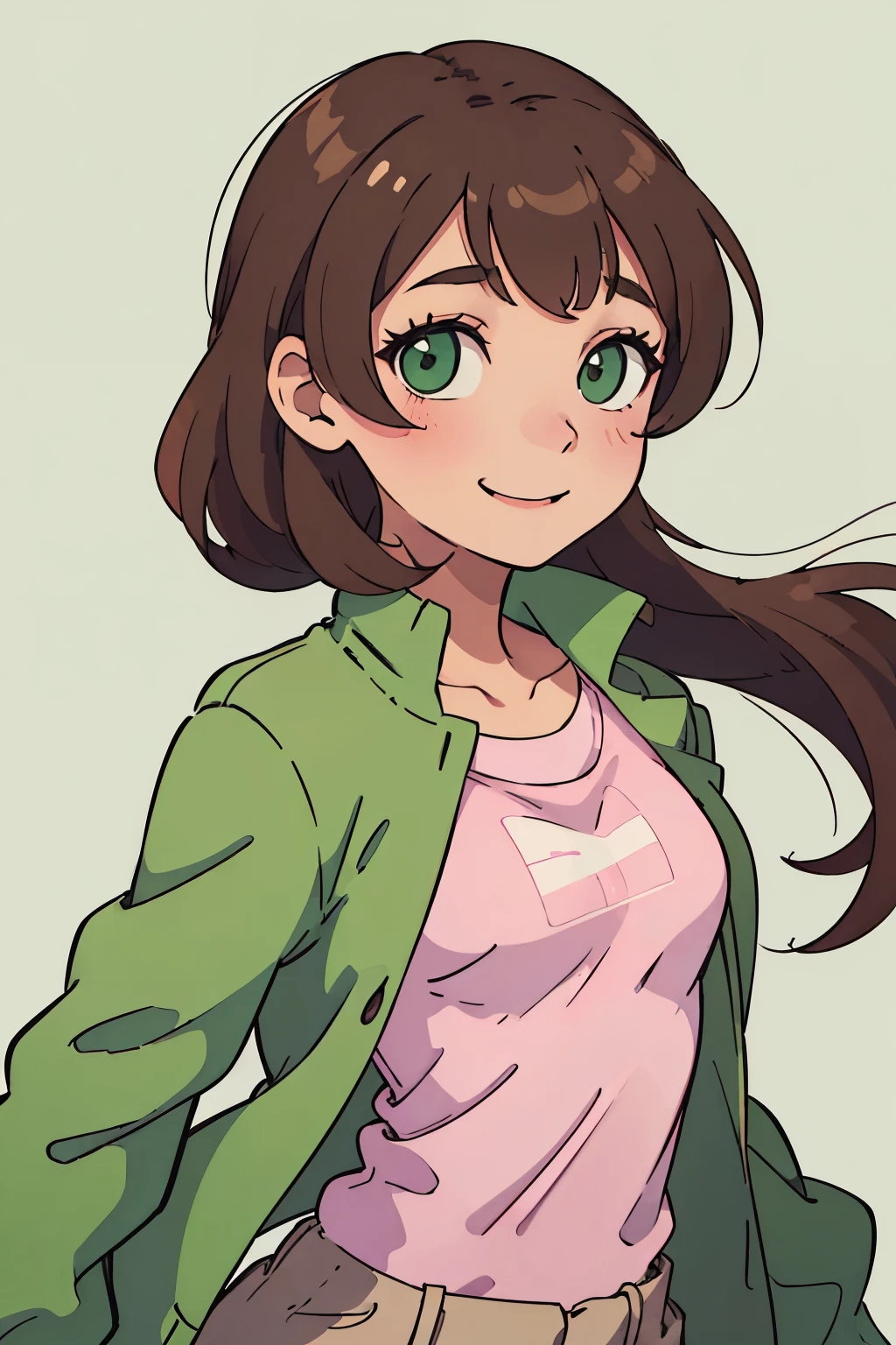 (best quality:0.8) a smiling girl with brown hair and green eyes, wearing a thin pink jacket over a light green top.