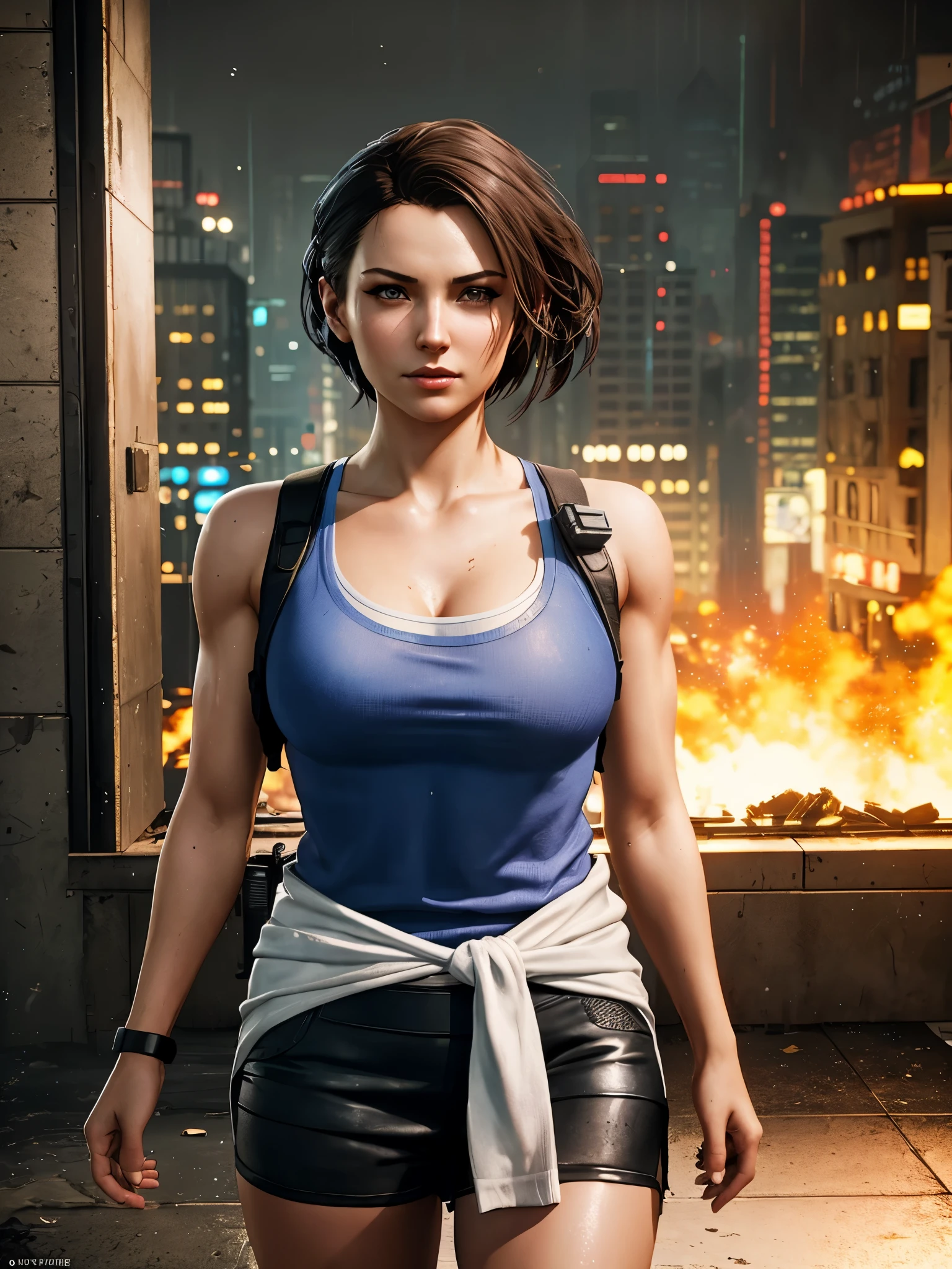 1girl, cowboy shot of zotovalentine, blue tank top, shoulder holster, black skirt, sweater around waist, athletic, old mansion indoors, city, night, neon, rain, fire escape, volumetric lighting, best quality, masterpiece, intricate details, tonemapping, sharp focus, hyper detailed, trending on Artstation, realistic, <lora:sxz-jill-valentine-v3:0.6>