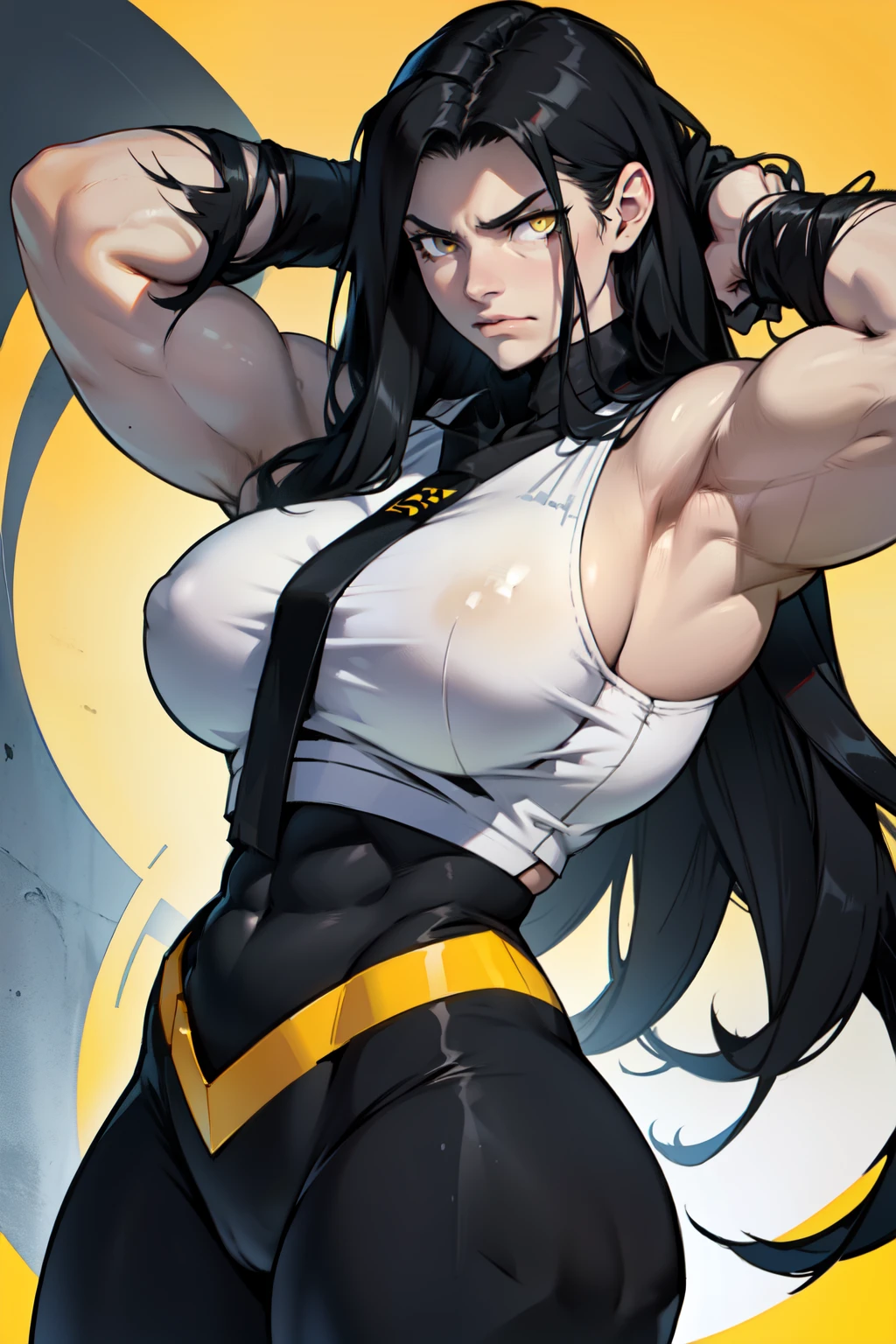 girl huge muscles very long hair black hair yellow eyes pale skin upset girl huge muscles very long hair black hair yellow eyes pale skin upset