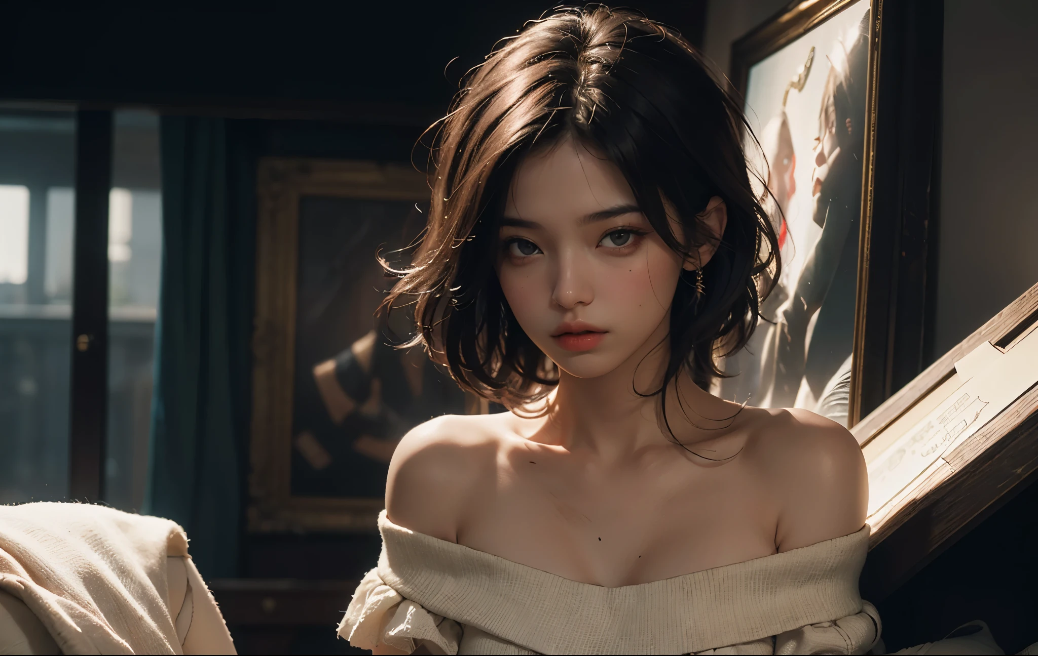 1 girl, Best quality, masterpiece, ultra high res, (photorealistic:1.4), raw photo, 1girl, beautiful off shoulder dress, cinematic lighting, half body view, half body shot