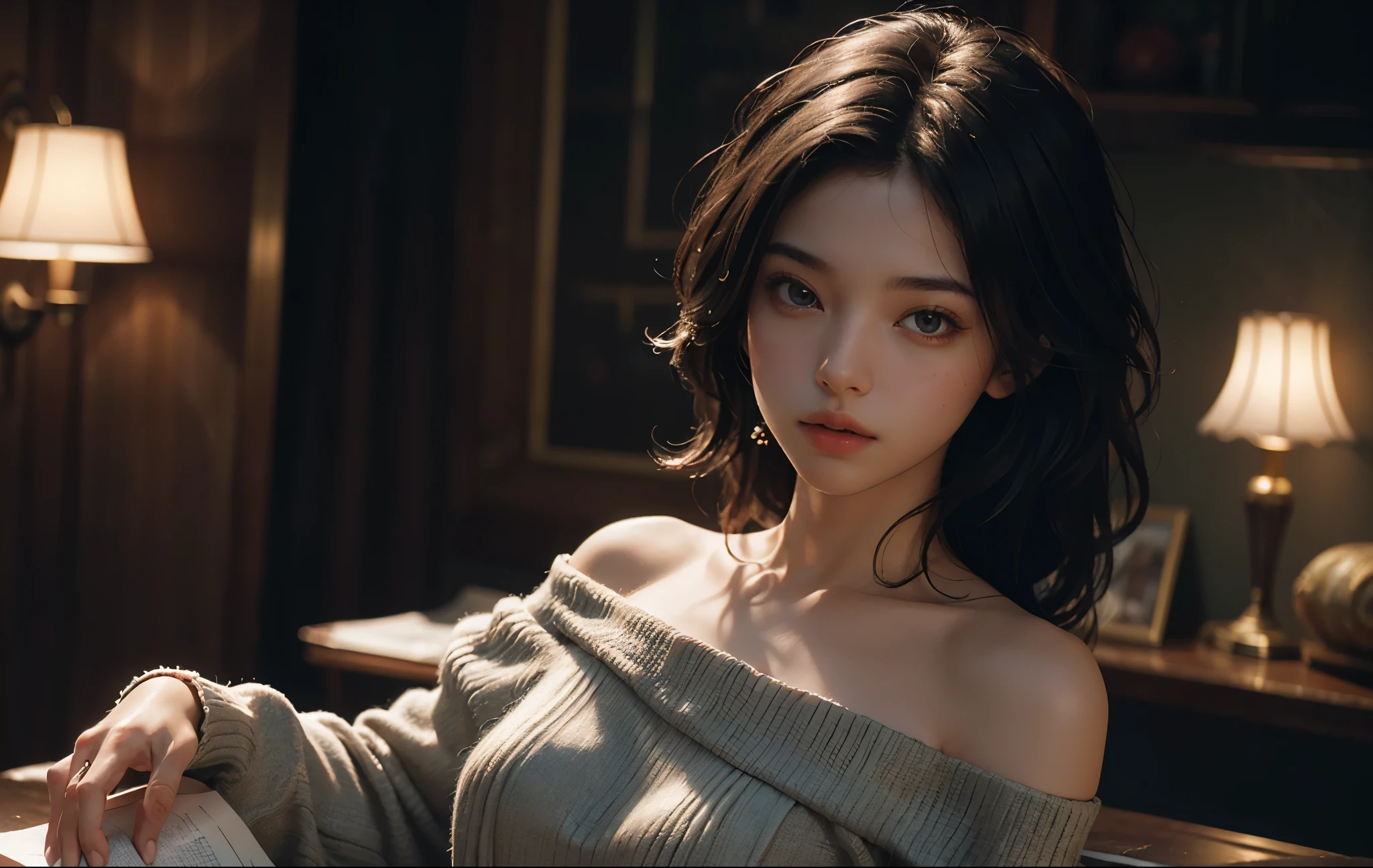 1 girl, Best quality, masterpiece, ultra high res, (photorealistic:1.4), raw photo, 1girl, beautiful off shoulder dress, cinematic lighting, half body view, half body shot