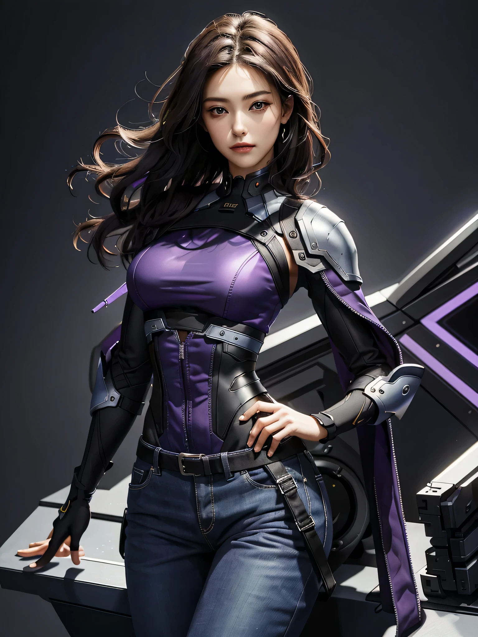 11:23(((Mejor calidad: 1.4))),(Obra maestra inmejorable), (hyper high definition),(CG hiperrealista de 8k)、（cabello de color oscuro） ((( cuerpo))), (((1 chica en))), 25-year-old American soldier with perfect cuerpo,,Rostro bonito y bien cuidado.,muscular cuerpo:1.2,Chaqueta azul real lisa con detalles., (Images from head to thighs.)， Equipo complejo, color purpura，pantalones largos，La ropa de dentro es oscura.，Clothing with metallic electronic parts.,technological armor )